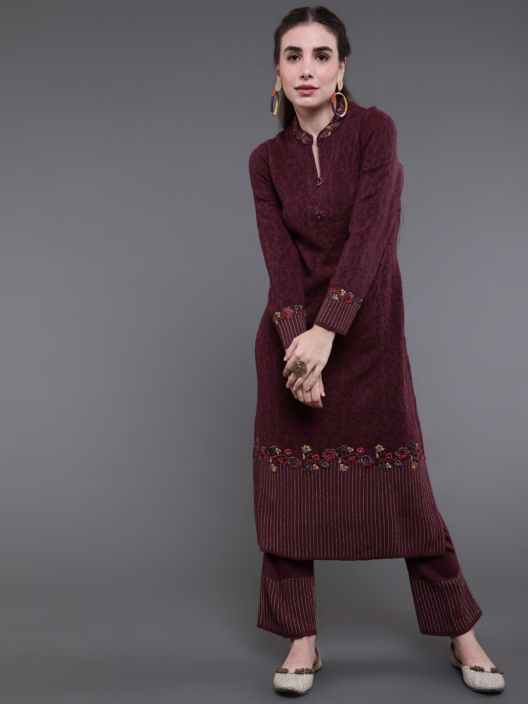 saubhagya Women Burgundy Woolen Thread Work Kurta with Trouser