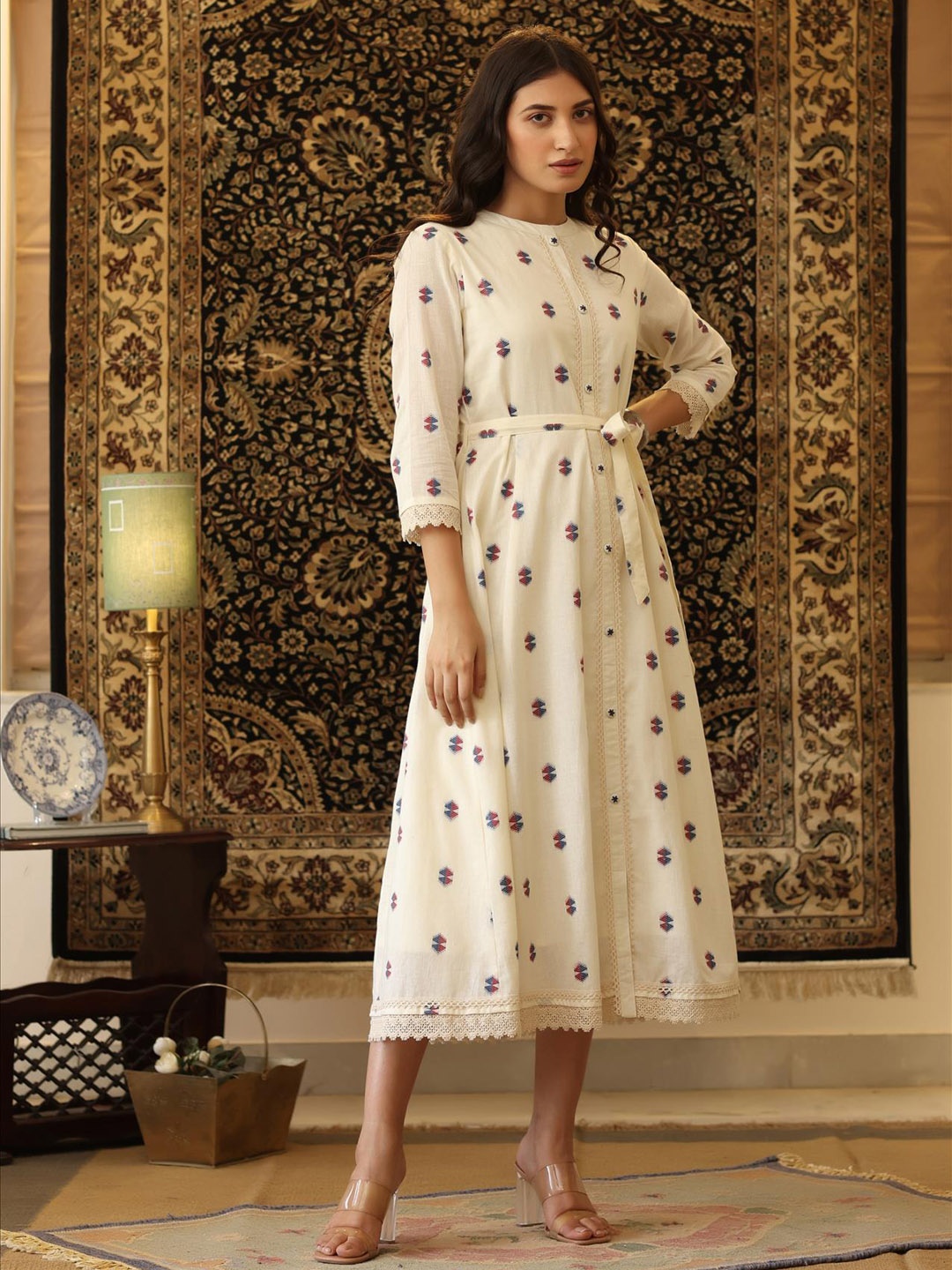 SCAKHI Women Off White Dobby Woven A-Line Ethnic Dresses