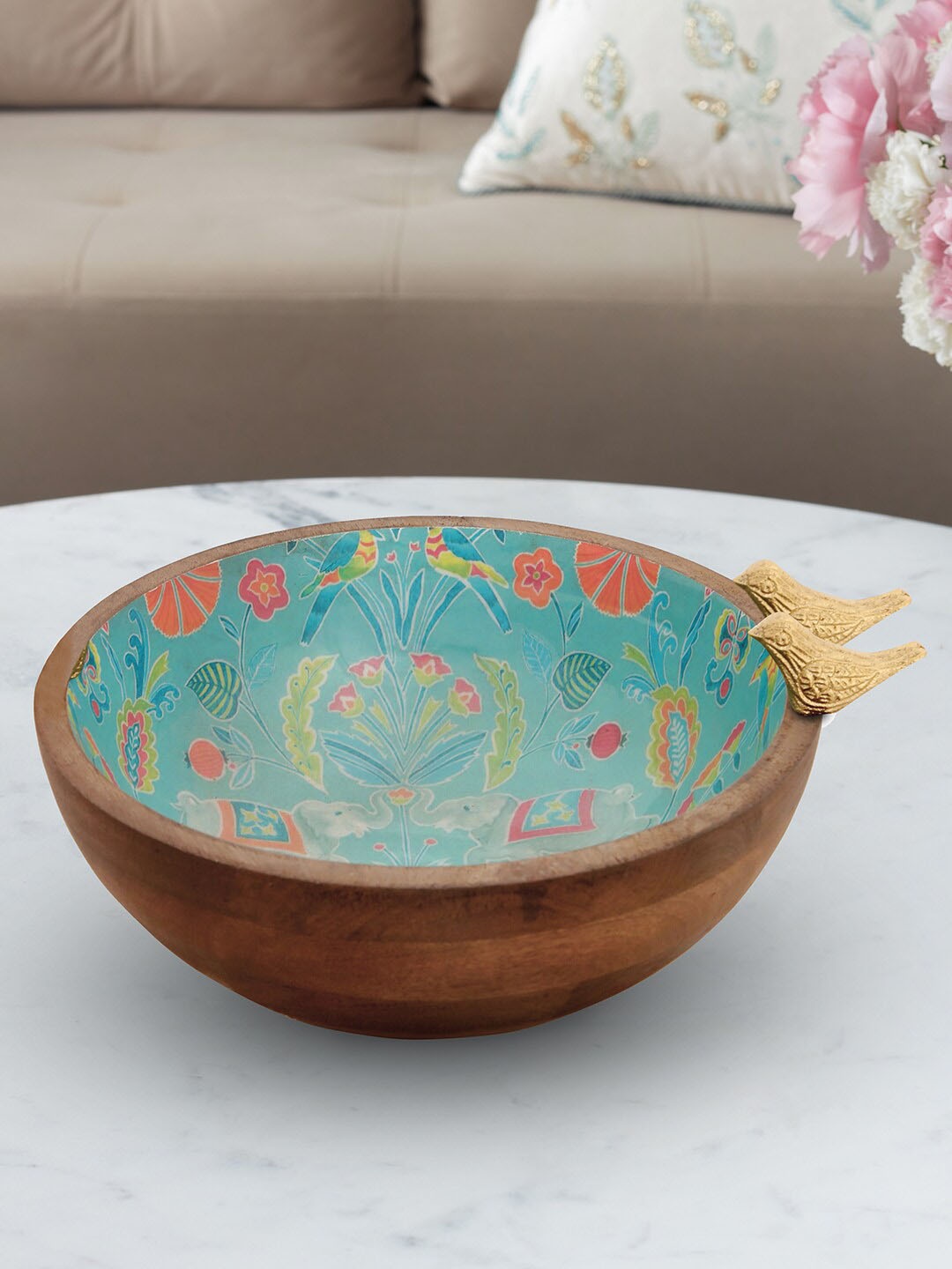 HomeTown Brown & Blue Printed Wood & Metal Serving Bowl