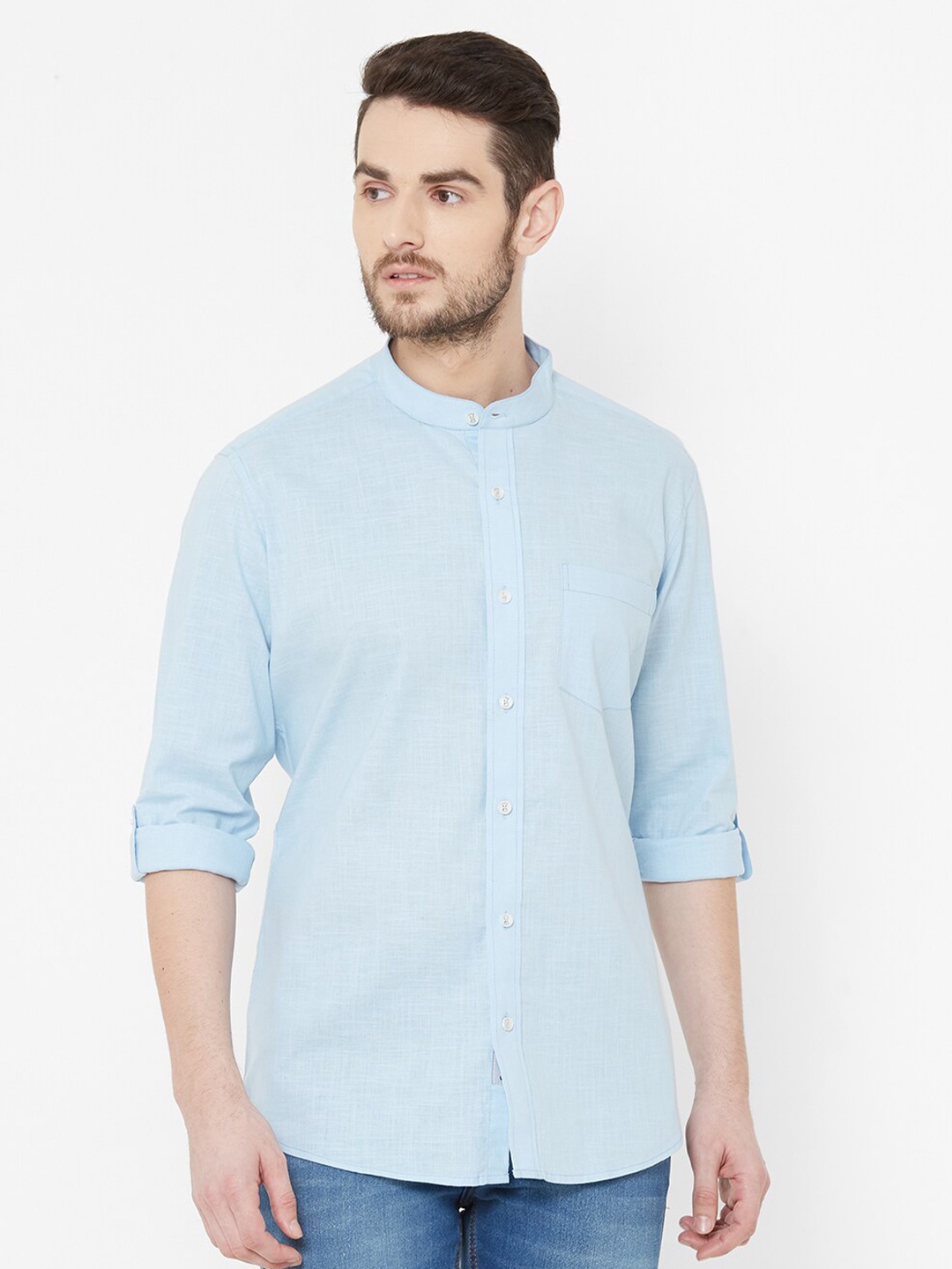 EVOQ Men Blue Solid Casual Pure Cotton Shirt