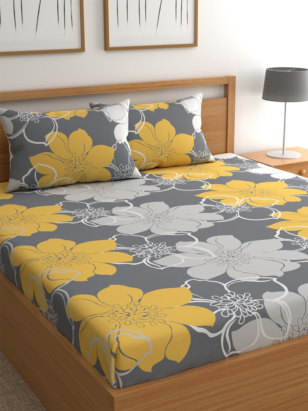 CHHAVI INDIA Grey & Yellow Floral 210 TC Queen Bedsheet with 2 Pillow Covers