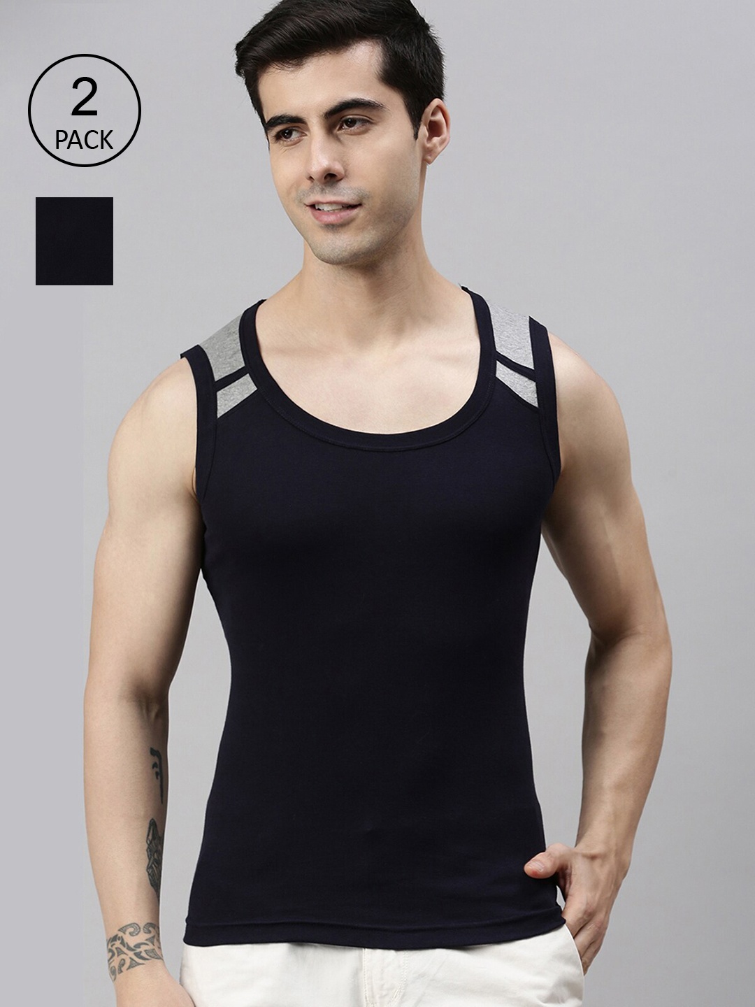 Lux Cozi Men Plus Size Pack Of 2 Navy Blue Solid Pure Cotton Innerwear Gym Vests