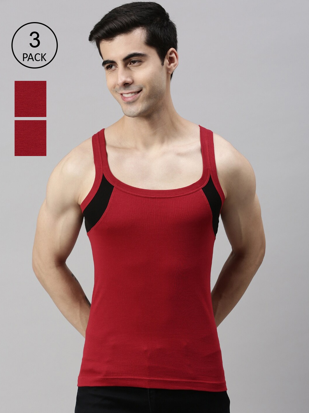 Lux Cozi Men Pack of 3 Red Solid Pure Cotton Gym Vests