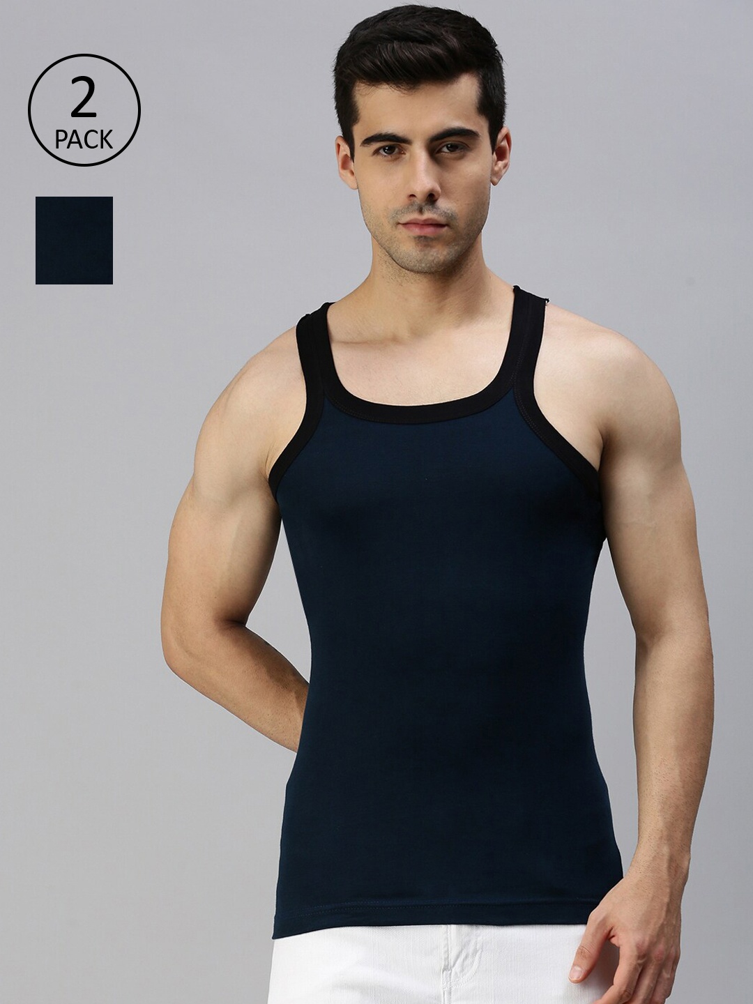 Lux Cozi Men Pack Of 2 Blue Solid Organic Cotton Innerwear Vests