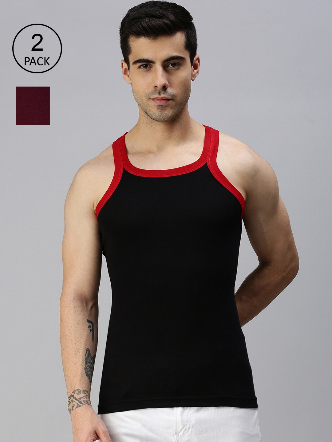 Lux Cozi Men Pack of 2 Black And Maroon Solid Pure Cotton Innerwear Vests
