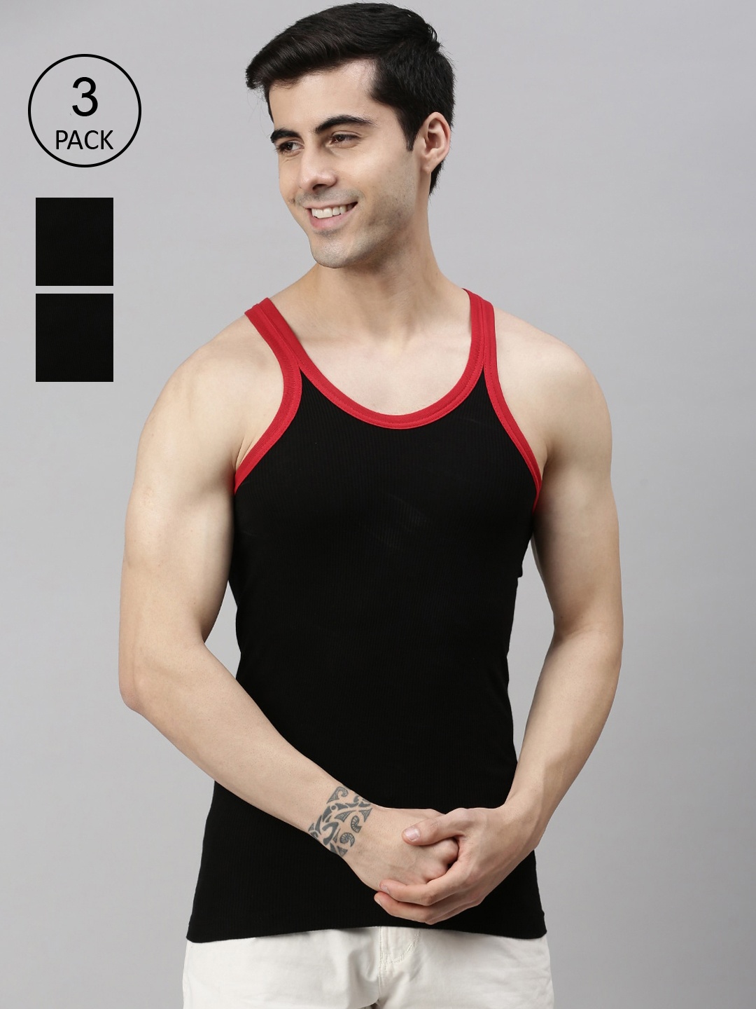 Lux Cozi Men Pack of 3 Black Solid Cotton Innerwear Vests