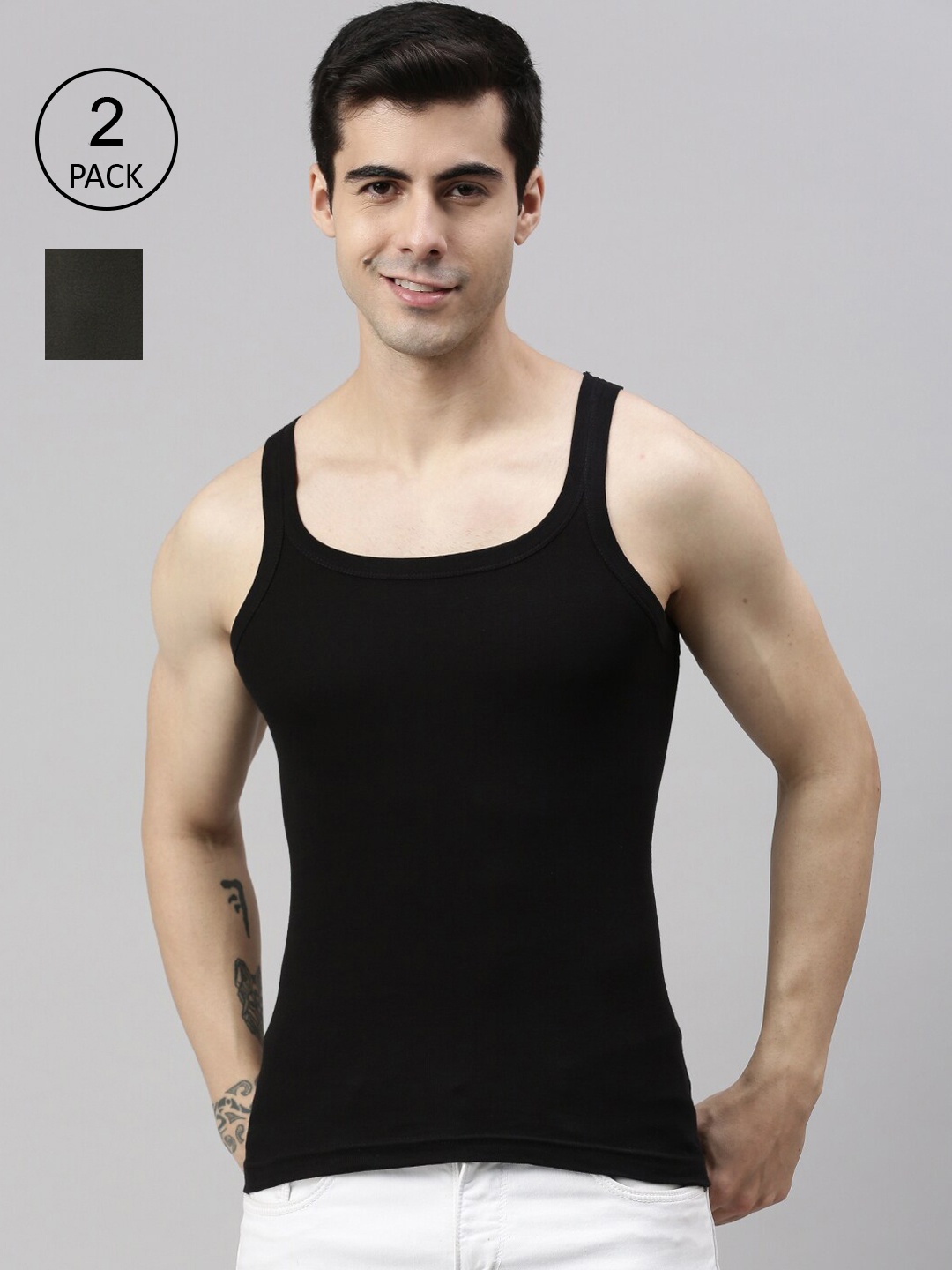 Lux Cozi Men Pack Of 2 Olive & Black Solid Cotton Innerwear Vests