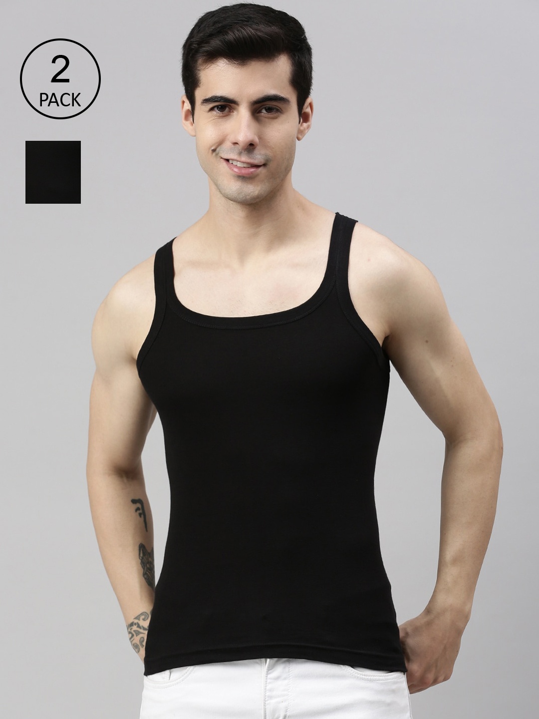 Lux Cozi Men Pack Of 2 Solid Organic Cotton Innerwear Vests, Black