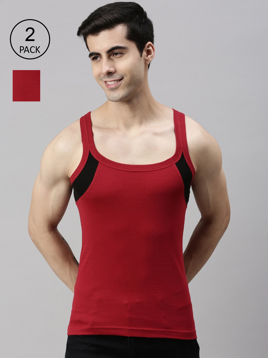 Lux Cozi Men Pack Of 2 Red Solid Cotton Innerwear Vests