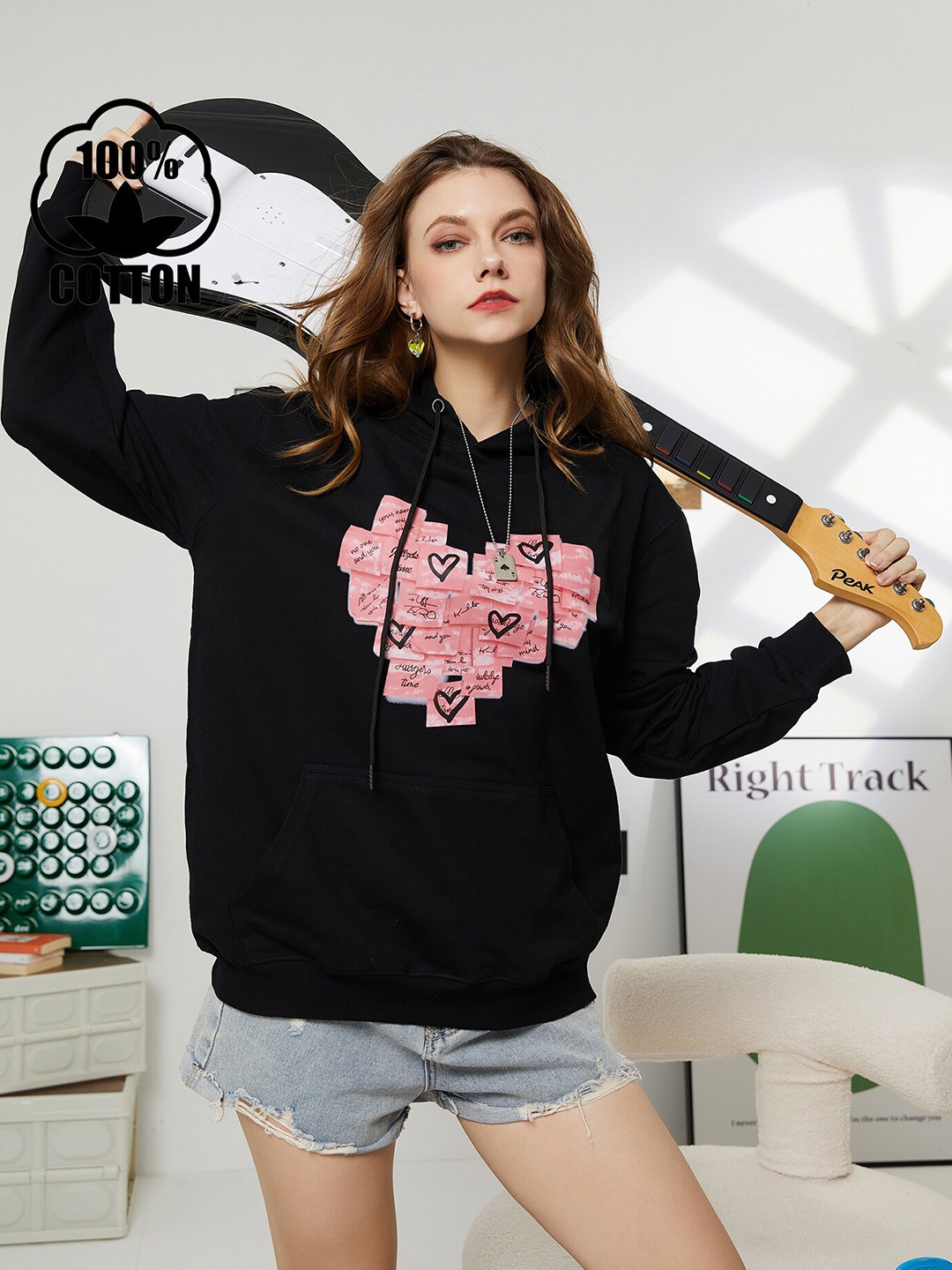 URBANIC Women Black Printed Hooded Sweatshirt