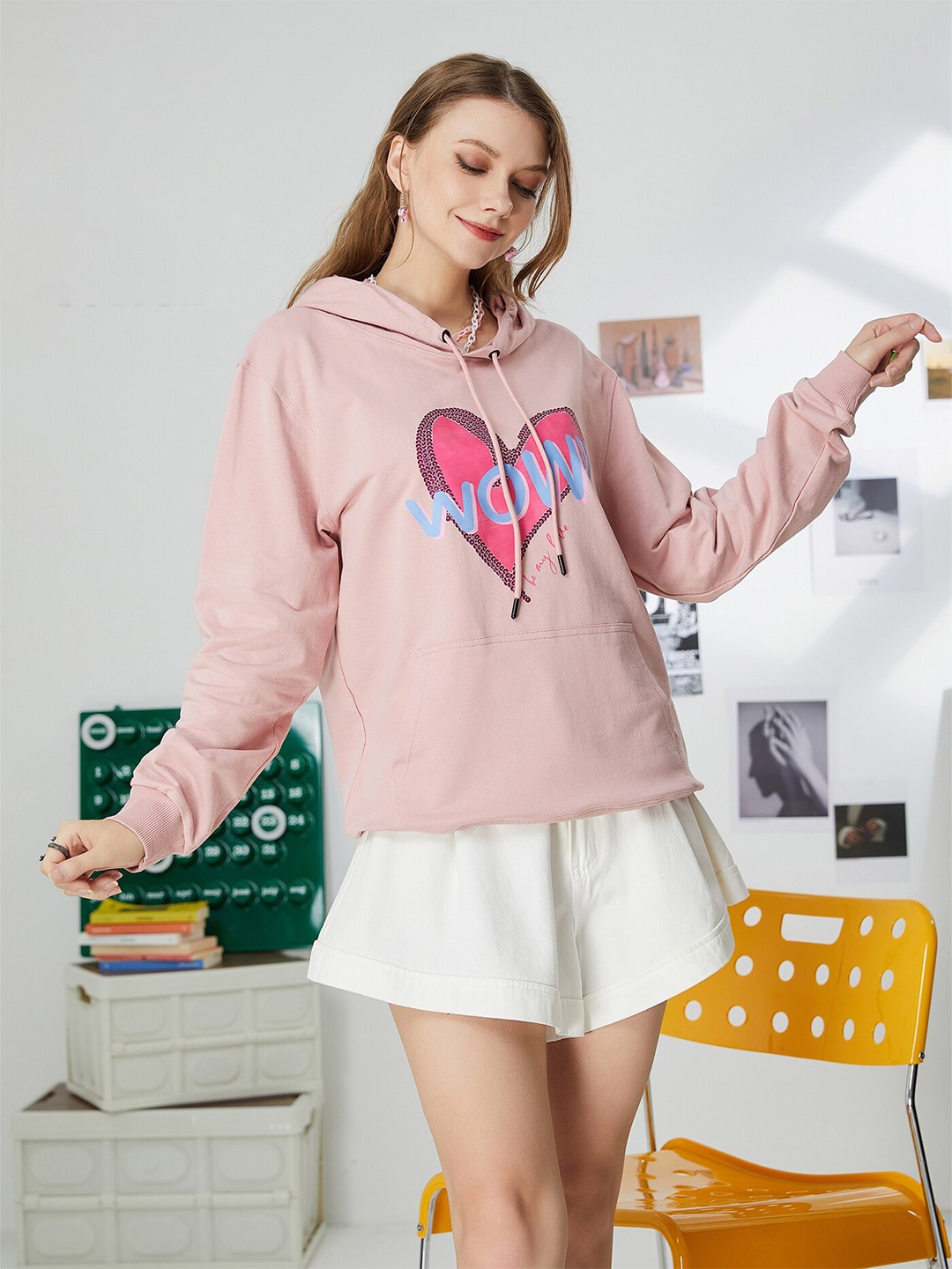 URBANIC Women Pink Printed Hooded Sweatshirt