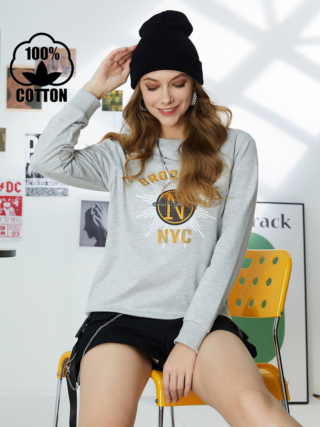 URBANIC Women Grey Printed Sweatshirt