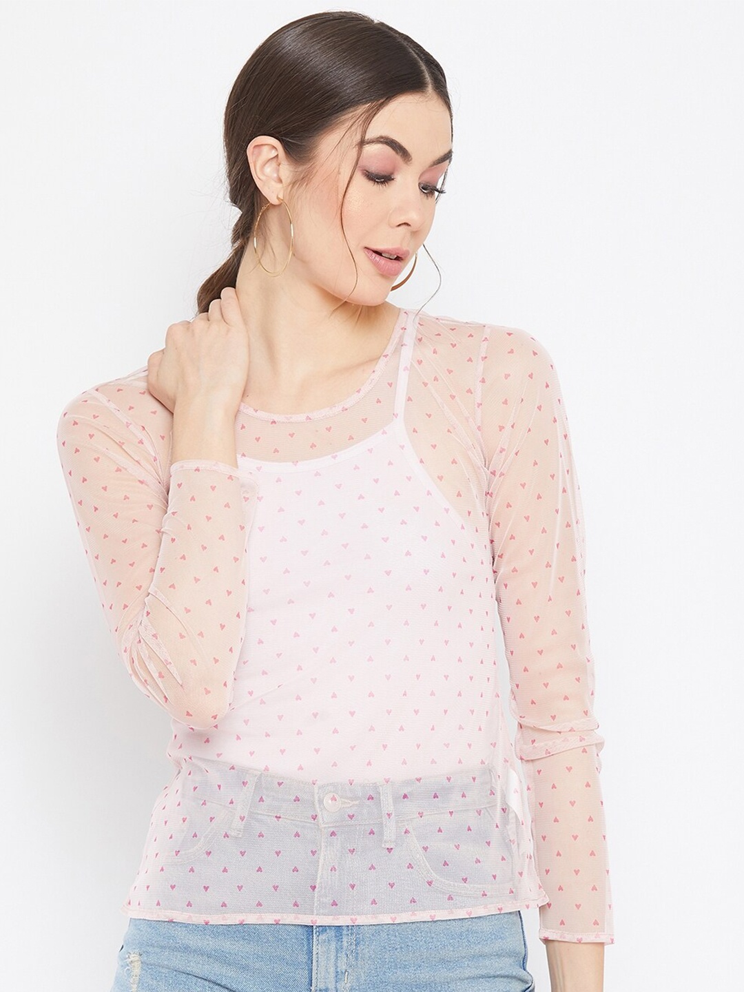 DELAN Women Pink Conversational Printed Net Top