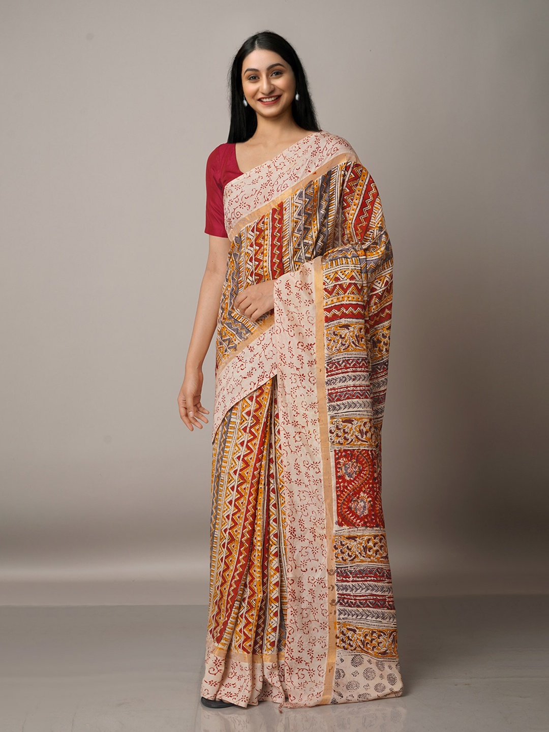 Unnati Silks Beige & Red Kalamkari Pure Silk Block Print Saree