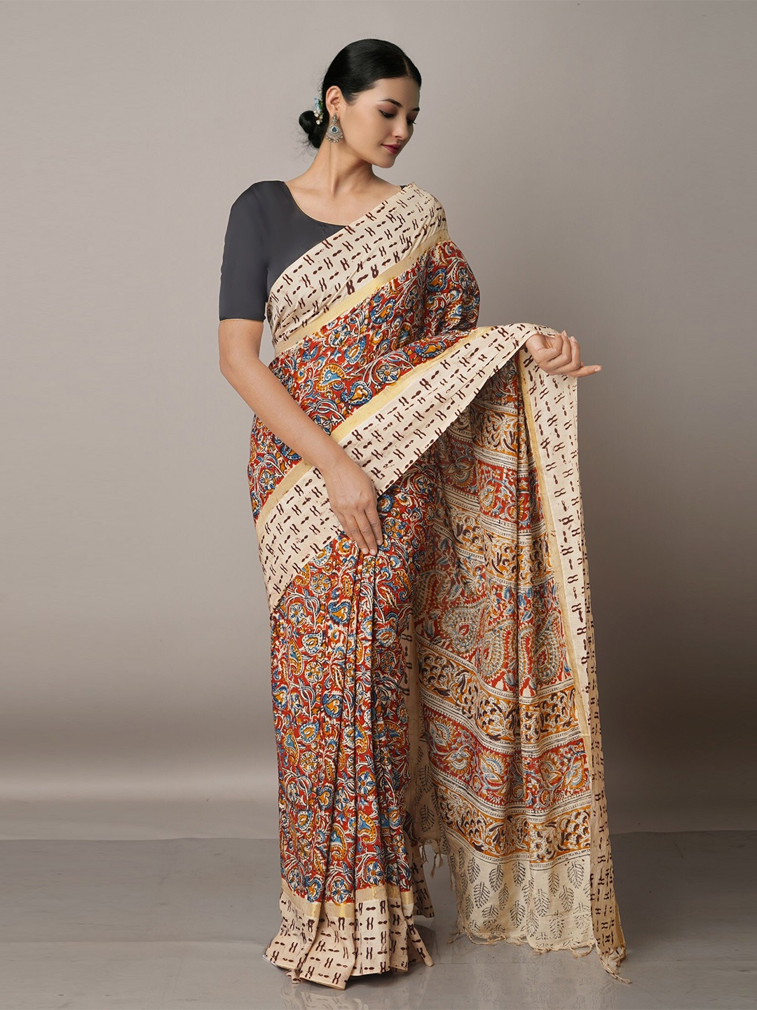Unnati Silks Cream-Coloured & Red Kalamkari Pure Silk Block Print Saree