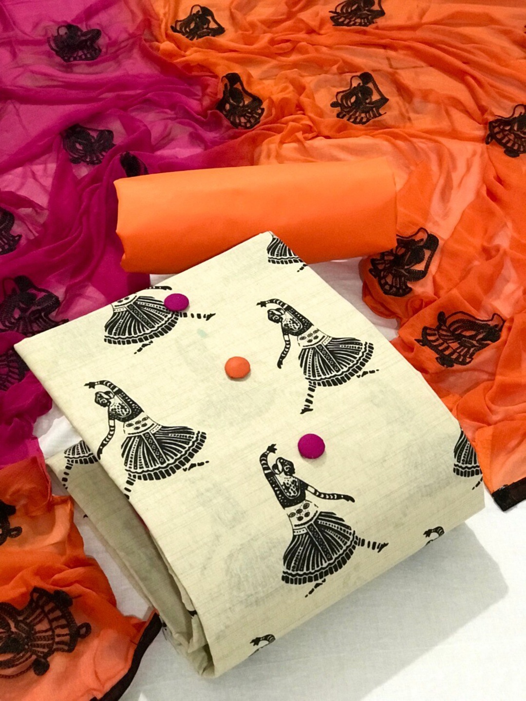 MORLY Orange & White Printed Unstitched Dress Material