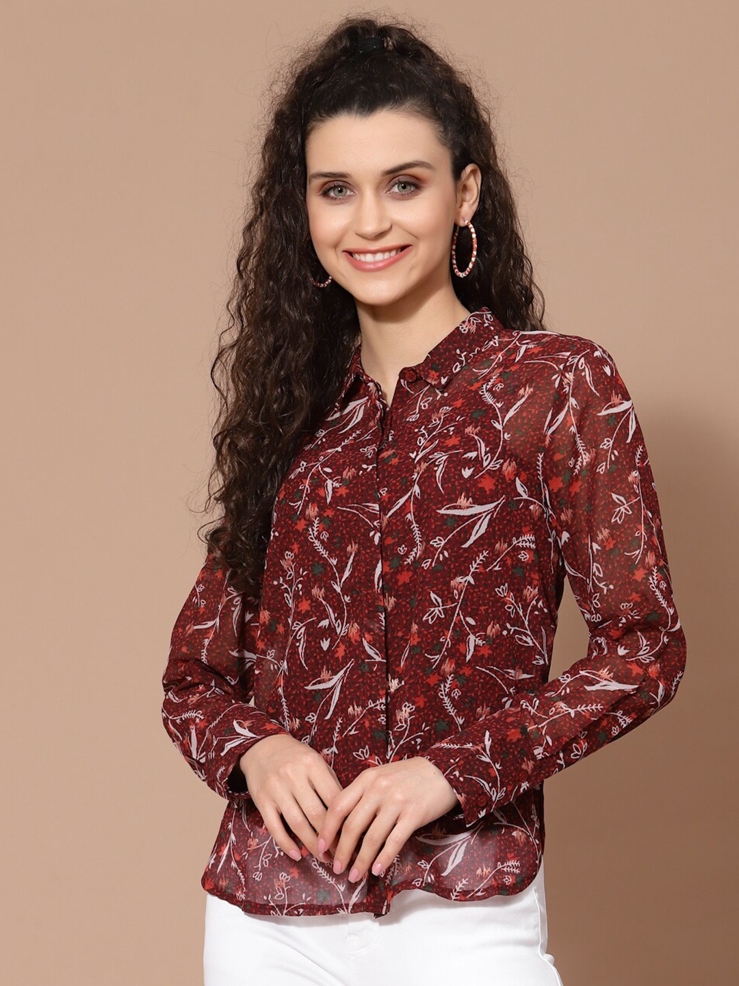 HOUSE OF KKARMA Women Maroon Floral Semi Sheer Printed Casual Shirt