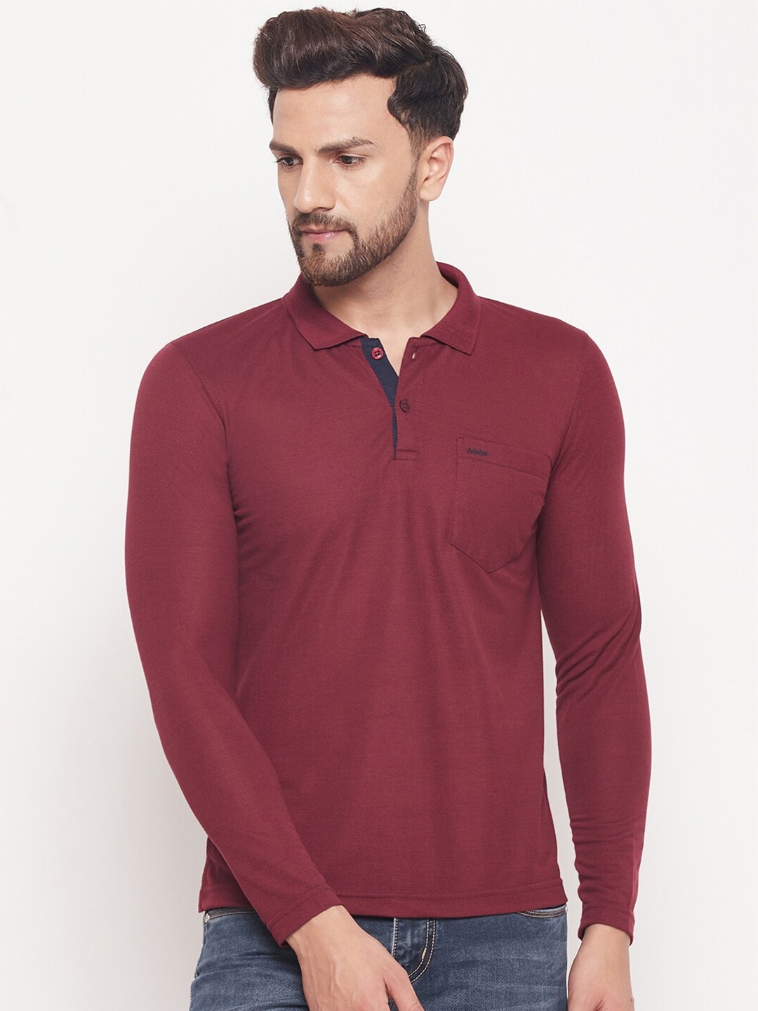 Adobe Men Burgundy Polo Collar Long Sleeves Cotton T Shirt