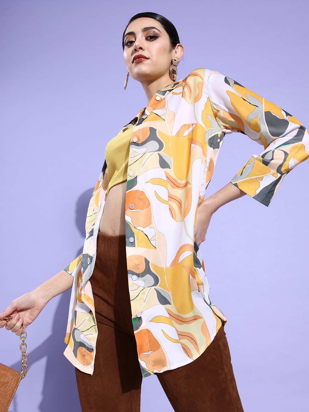 ANVI Be Yourself Women Mustard Printed Casual Shirt