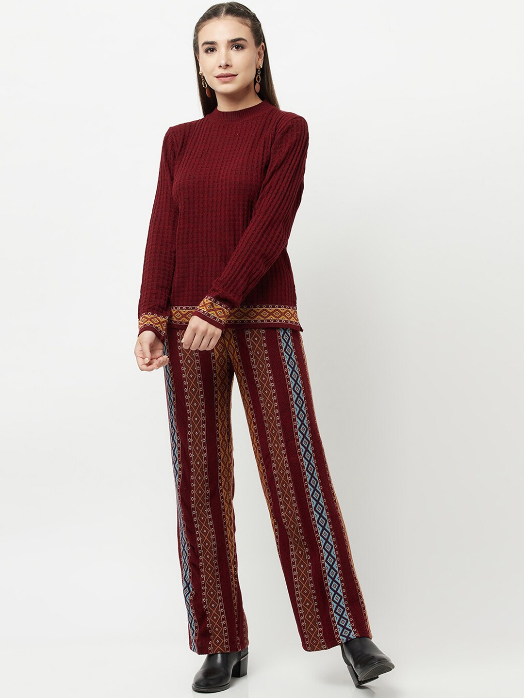 Knitstudio Women Maroon Self Design Knitted Co-Ords