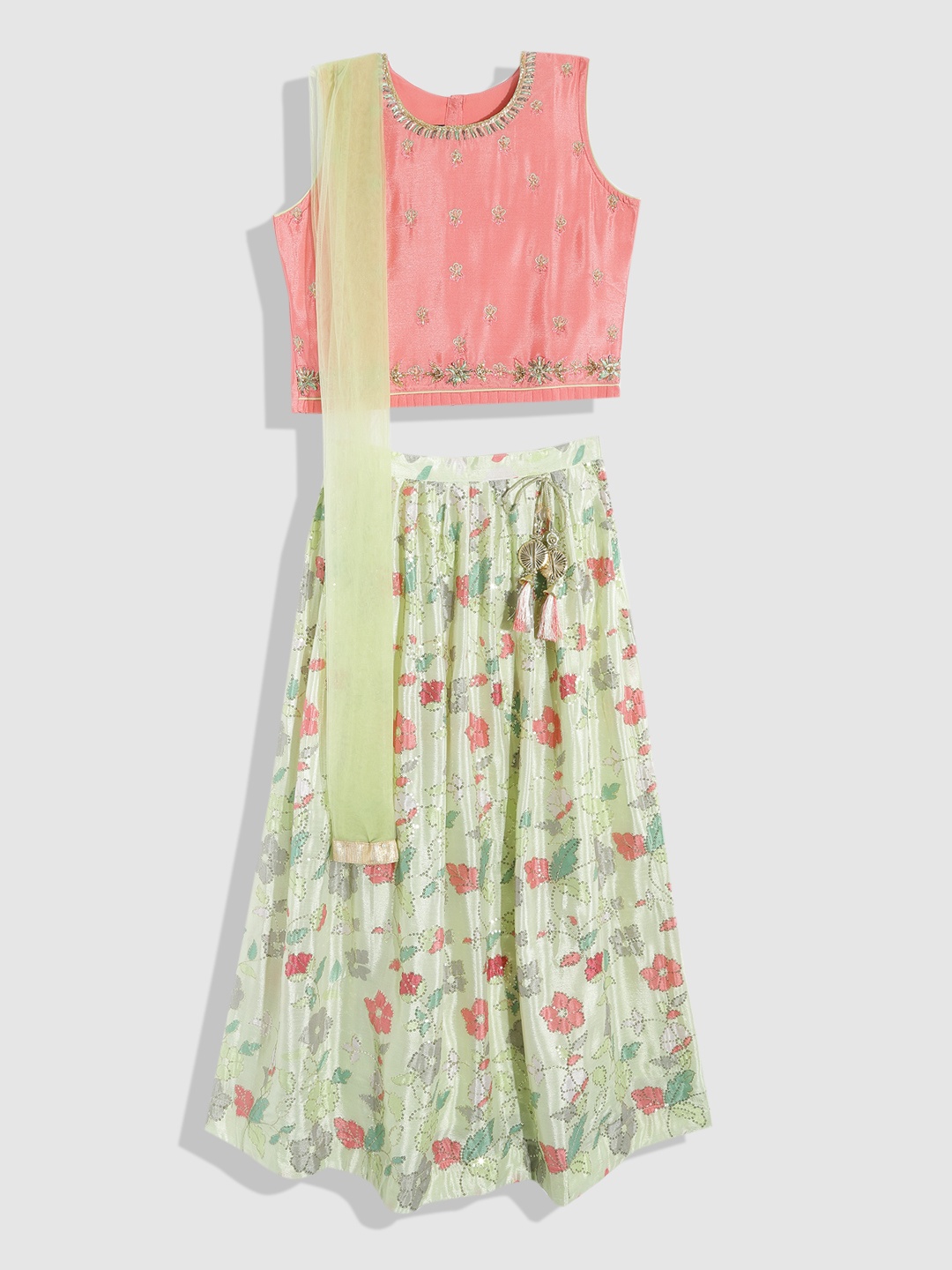 YK Girls Peach-Coloured & Green Sequinned Ready to Wear Lehenga & Blouse With Dupatta
YK Girls Peach-Coloured & Green Sequinned Ready to Wear Lehenga & Blouse With Dupatta