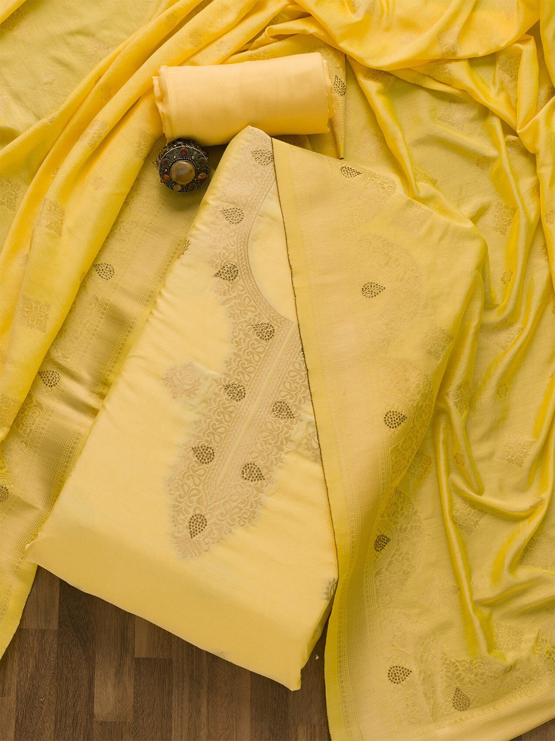 Koskii Yellow & Gold-Toned Art Silk Unstitched Dress Material