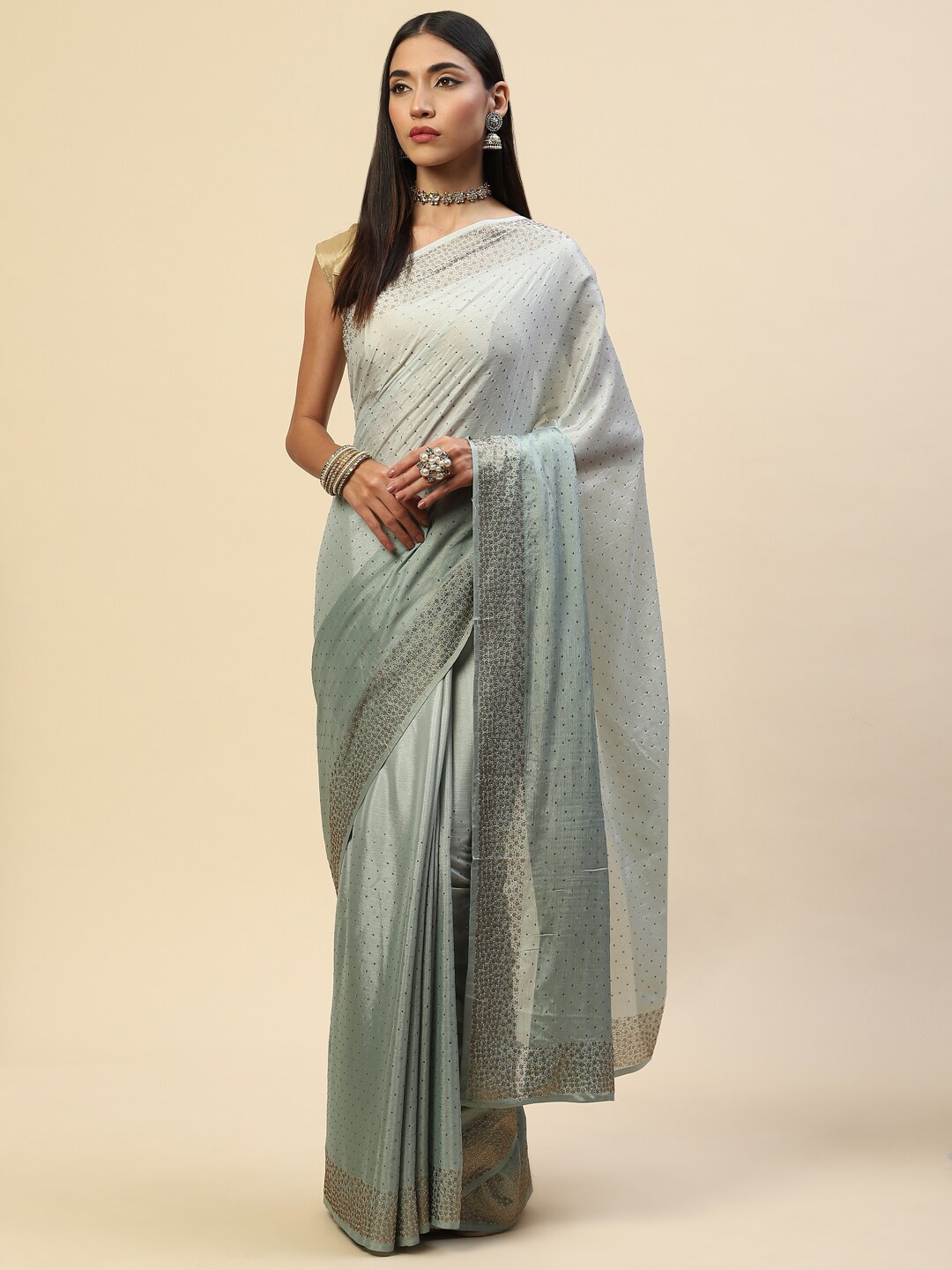 Meena Bazaar Sea Green & Gold-Toned Embellished Beads and Stones Saree