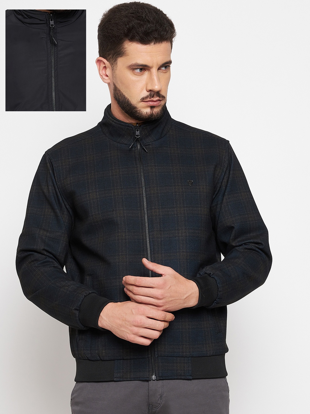 Okane Men Black Green Checked Reversible Outdoor Sporty Jacket