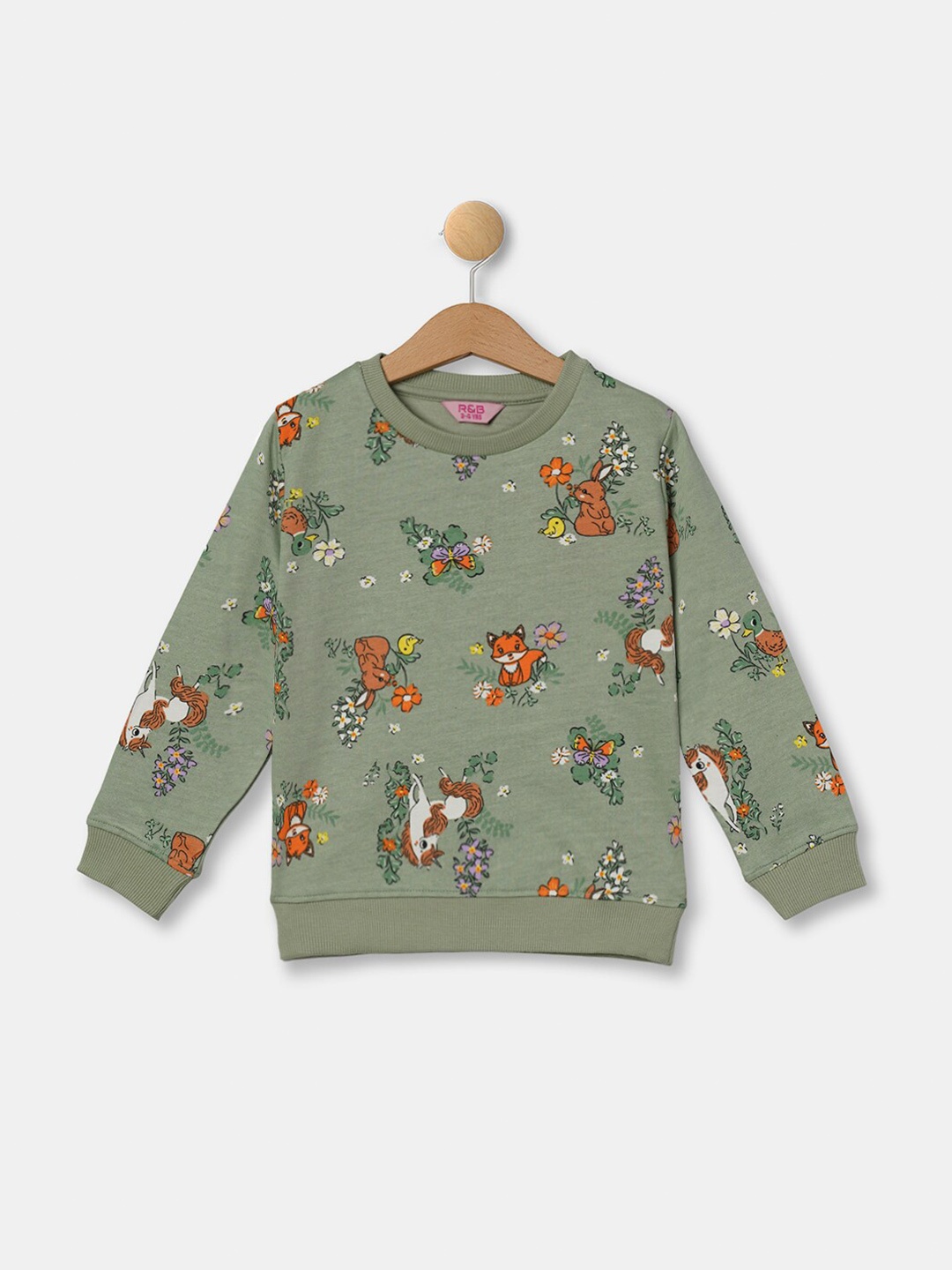 R&B Girls Green Printed Cotton Sweatshirt
