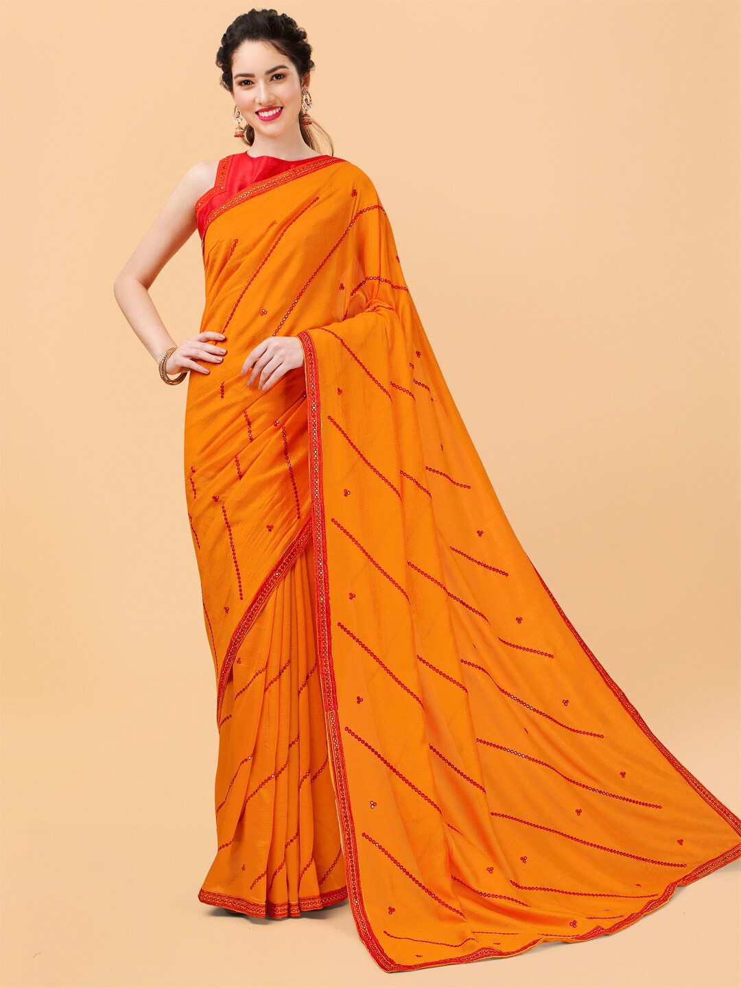 Sangria Mustard & Orange Striped Mirror Work Silk Blend Saree