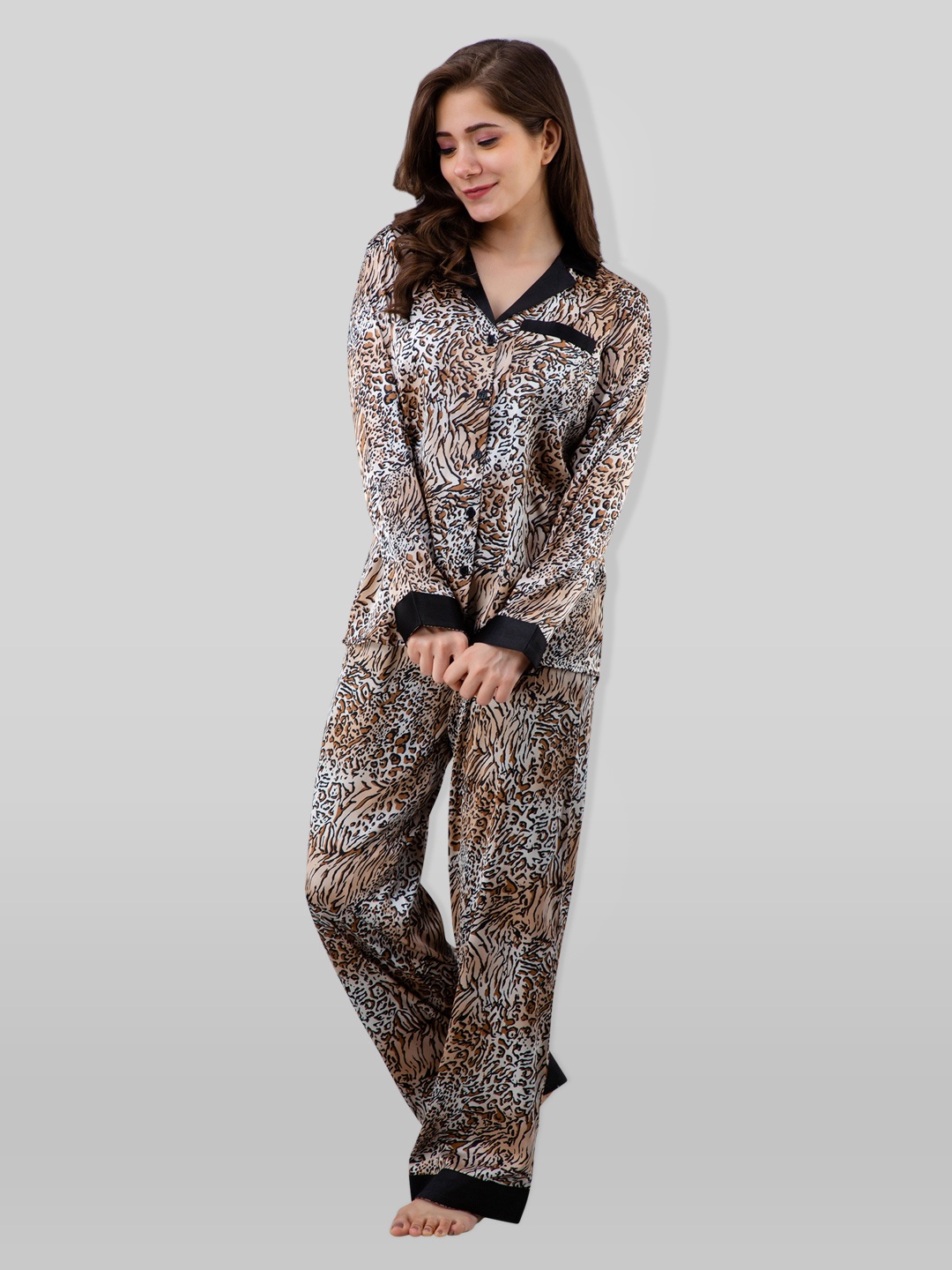 PRETTY LOVING THING Women White And Brown Animal Printed Lapel Collar Satin Night suit
PRETTY LOVING THING Women White And Brown Animal Printed Lapel Collar Satin Night suit