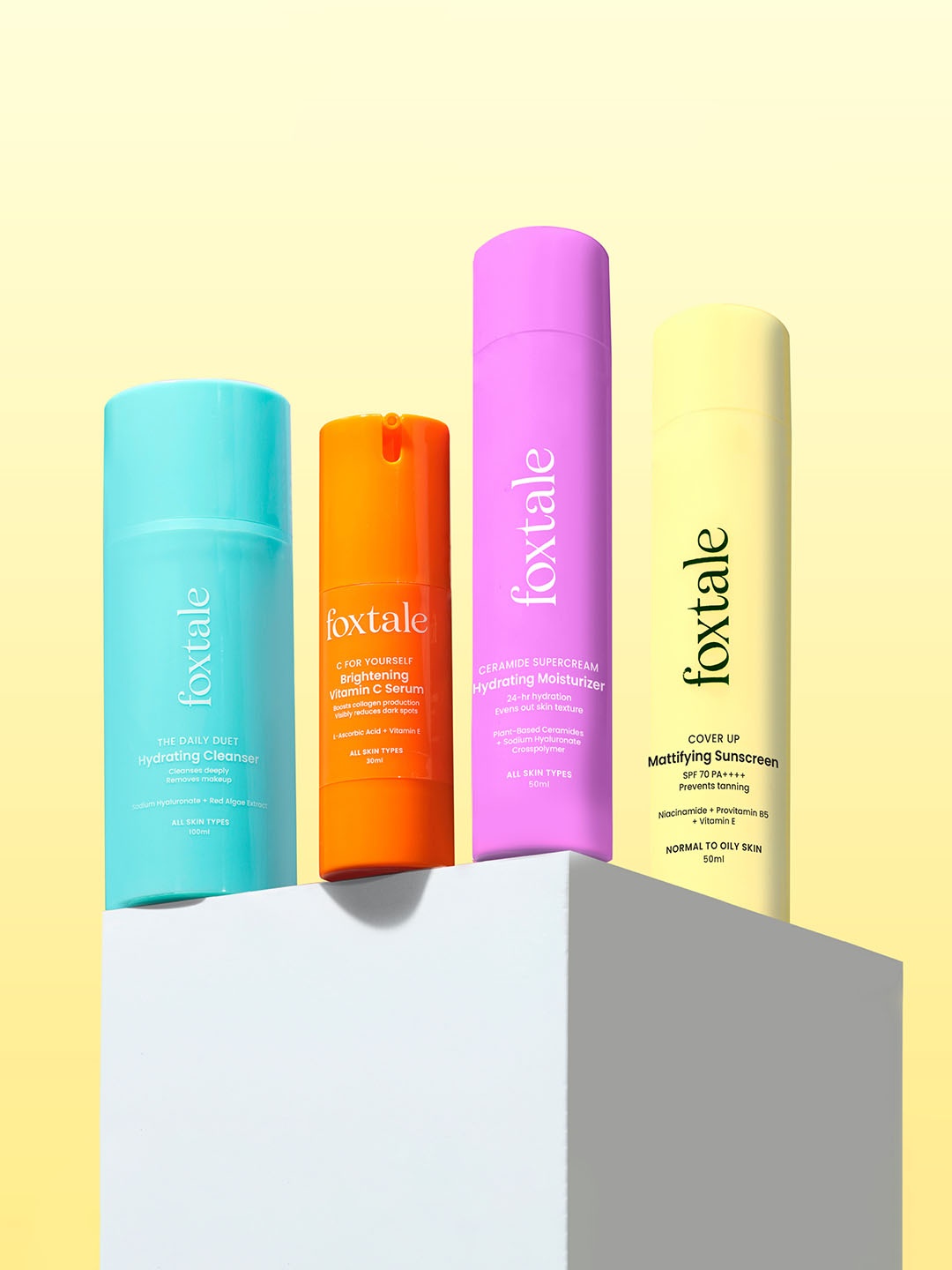 FoxTale Morning Skin Care Kit- Cleanser + Moisturizer + Vit C Serum + Matte Sunscreen, Blue
FoxTale Morning Skin Care Kit- Cleanser + Moisturizer + Vit C Serum + Matte Sunscreen, Blue
