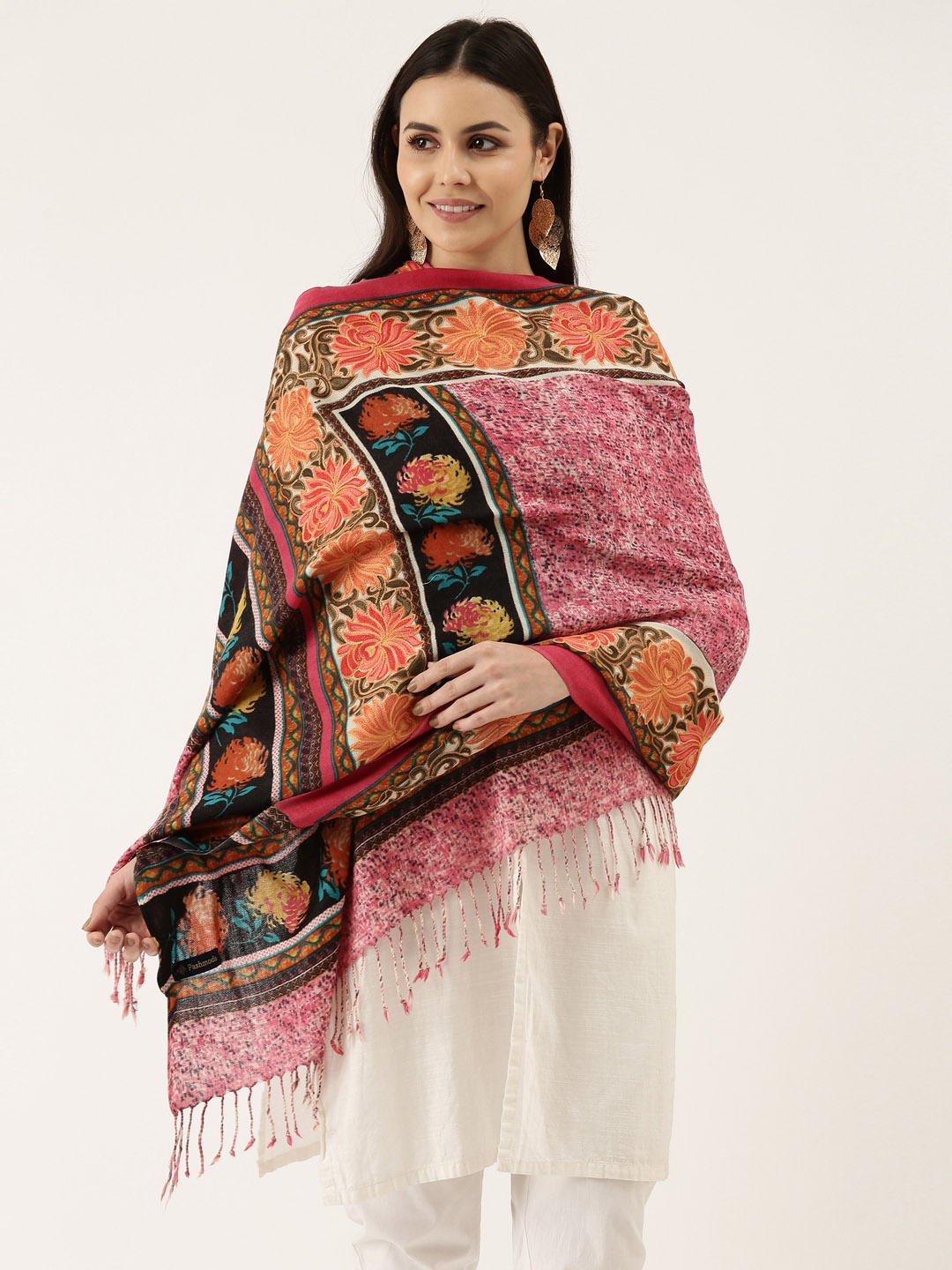 Pashmoda Women Pink & Black Printed Shawl