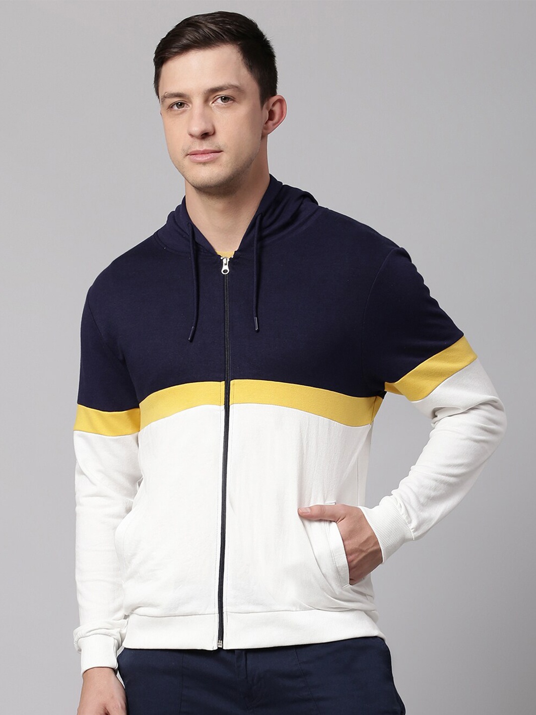 High Star Men White Colourblocked Hooded Sweatshirt