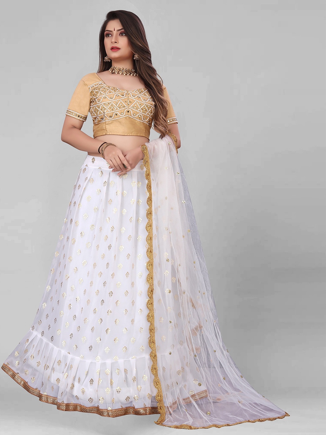 JSItaliya White & Gold-Toned Embroidered Mirror Work Semi-Stitched Lehenga & Unstitched Blouse With Dupatta
JSItaliya White & Gold-Toned Embroidered Mirror Work Semi-Stitched Lehenga & Unstitched Blouse With Dupatta