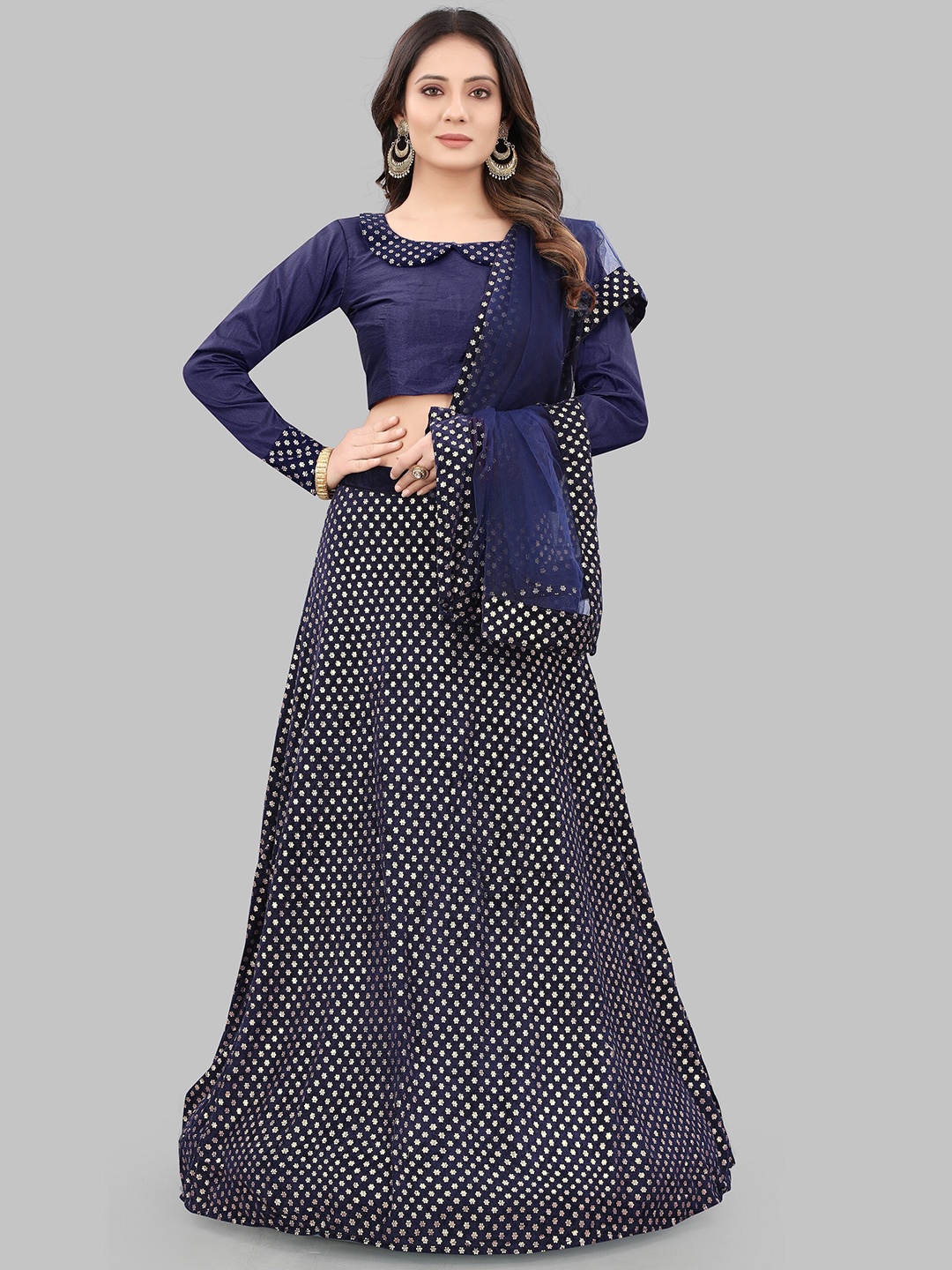 JSItaliya Navy Blue & Gold-Toned Foil Print Semi-Stitched Lehenga & Unstitched Blouse With Dupatta
JSItaliya Navy Blue & Gold-Toned Foil Print Semi-Stitched Lehenga & Unstitched Blouse With Dupatta