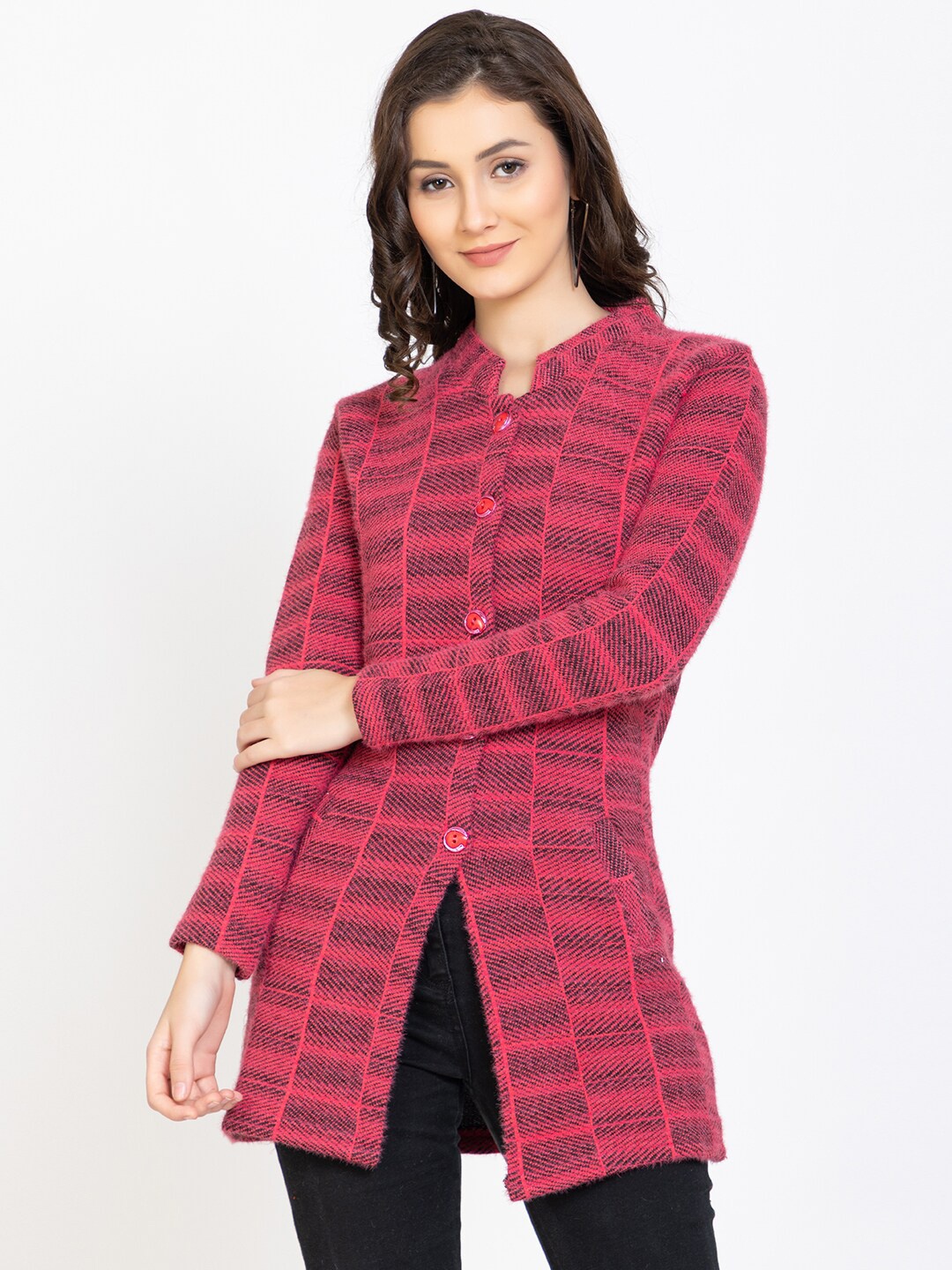 TYSORT Checked Longline Woolen Cardigan, Pink