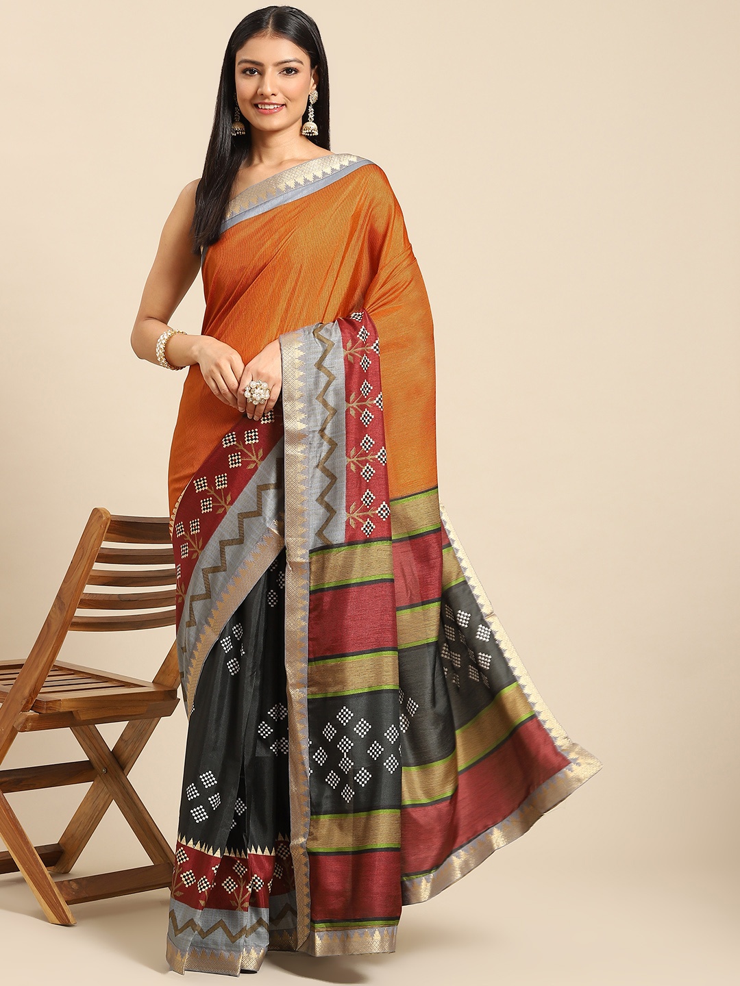 Nimayaa Women Orange & Red Geometric Printed Saree