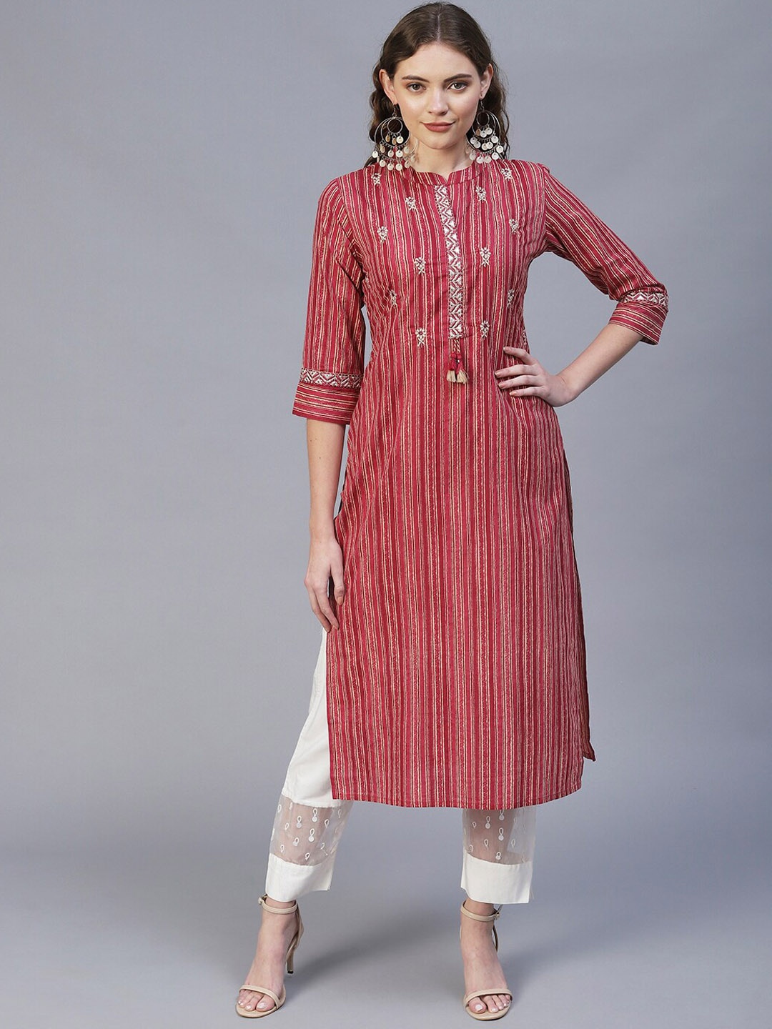 FASHOR Women Magenta Striped Kurta