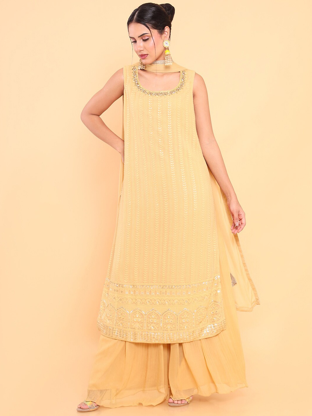 Soch Women Mustard Yellow Ethnic Motifs Embroidered Chikankari Kurta with Palazzos & With Dupatta
Soch Women Mustard Yellow Ethnic Motifs Embroidered Chikankari Kurta with Palazzos & With Dupatta