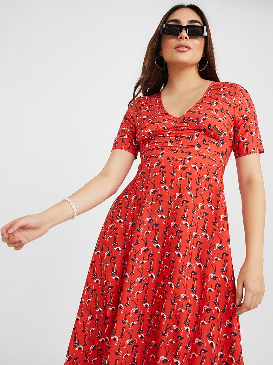 Styli Short Sleeves V-Neck Flamingo All Over Print A-Line Midi Dress, Orange