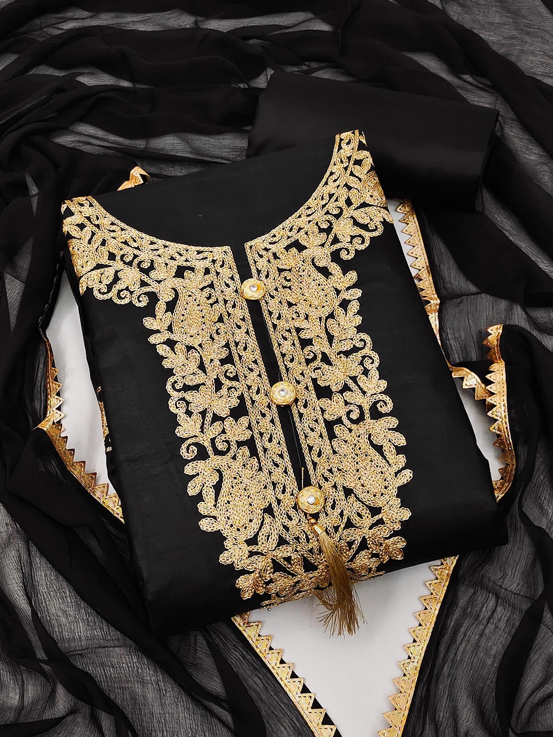KALINI Black & Gold-Toned Embroidered Pure Cotton Unstitched Dress Material