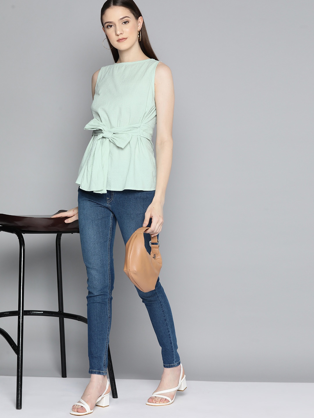 Chemistry Pure Cotton Seersucker Top, Green