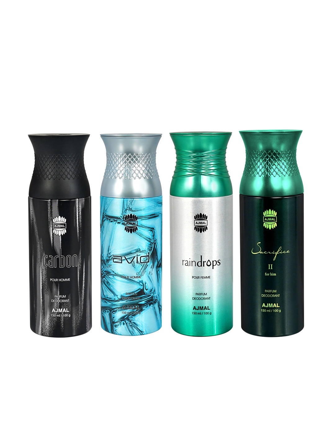 Ajmal Set of 4 Deodorant - Carbon + Avid + Raindrops + Sacrifice For Him II - 150ml each, Black
Ajmal Set of 4 Deodorant - Carbon + Avid + Raindrops + Sacrifice For Him II - 150ml each, Black
