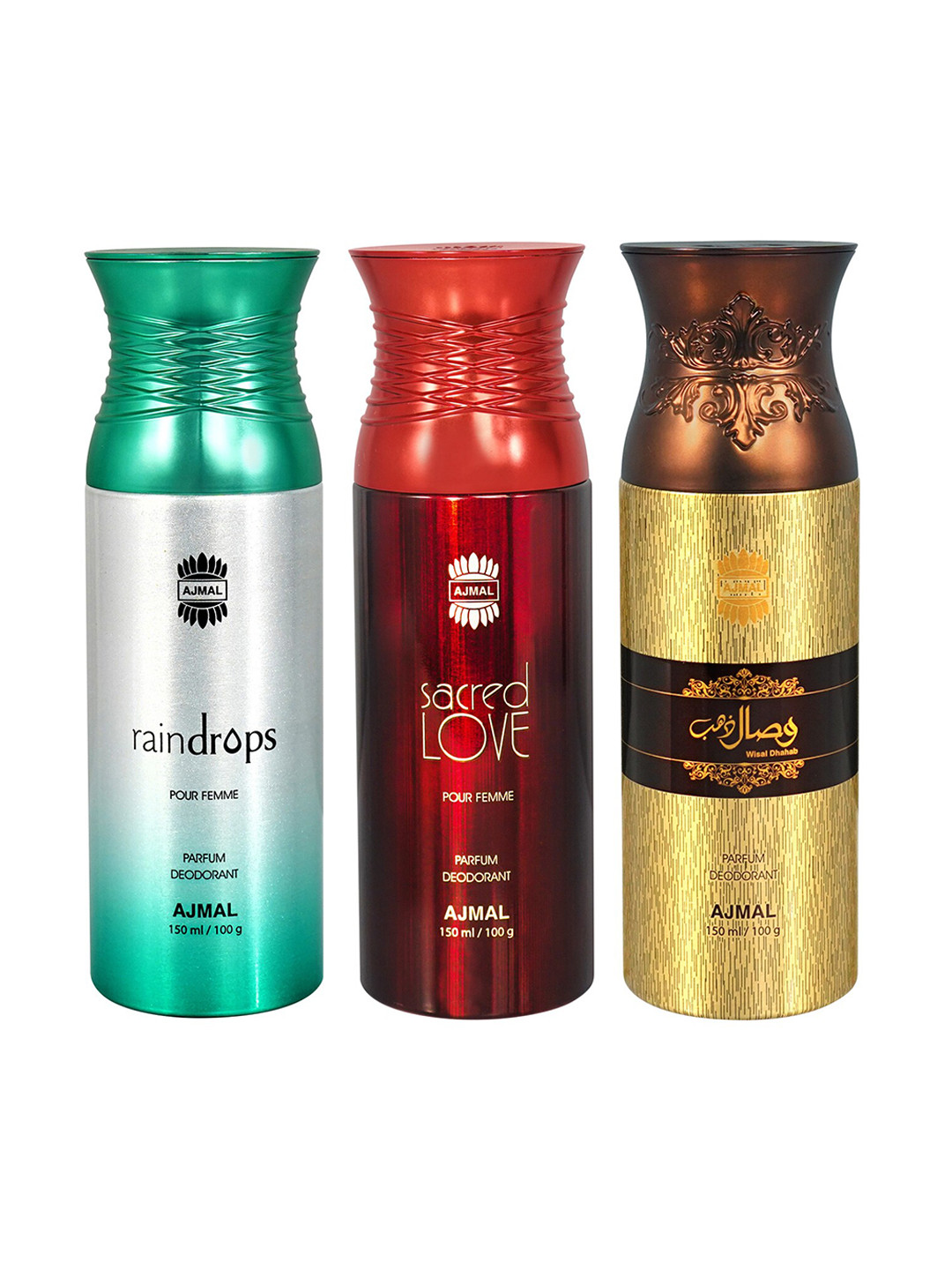 Ajmal Set of Raindrops + Sacred Love + Wisal Dhahab Deodorant Spray - 150 ml each, Green
Ajmal Set of Raindrops + Sacred Love + Wisal Dhahab Deodorant Spray - 150 ml each, Green