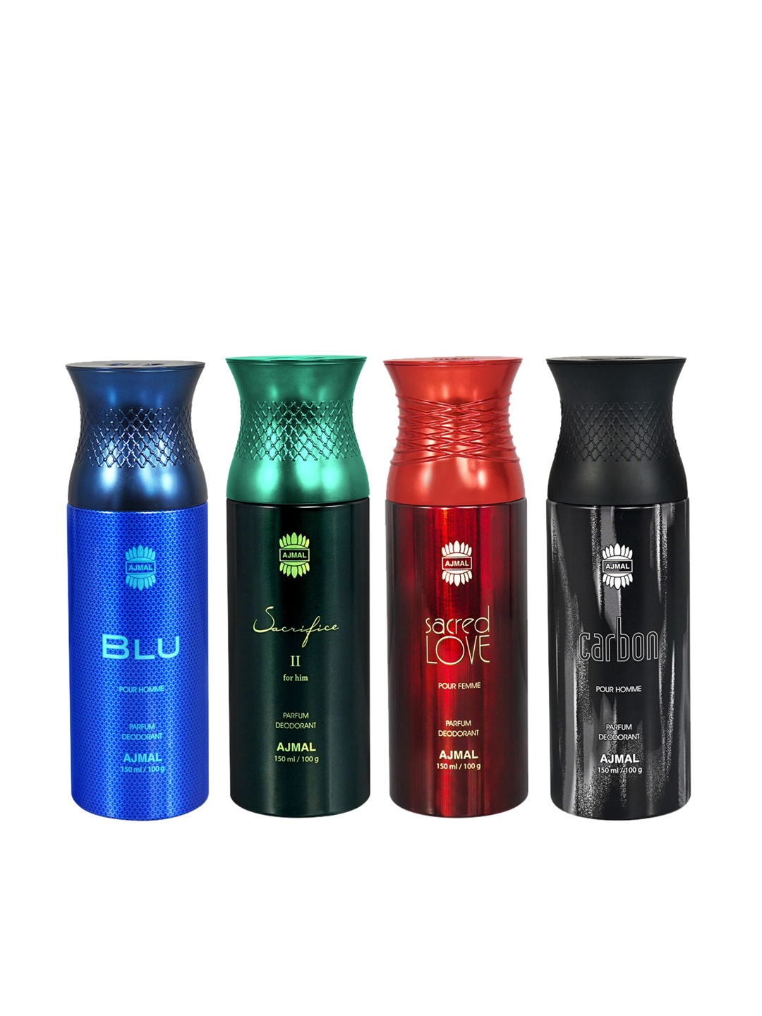 Ajmal Set of Blu + Sacred Love + Sacrifice II + Carbon Deodorant Spray - 150 ml each, Multi
Ajmal Set of Blu + Sacred Love + Sacrifice II + Carbon Deodorant Spray - 150 ml each, Multi