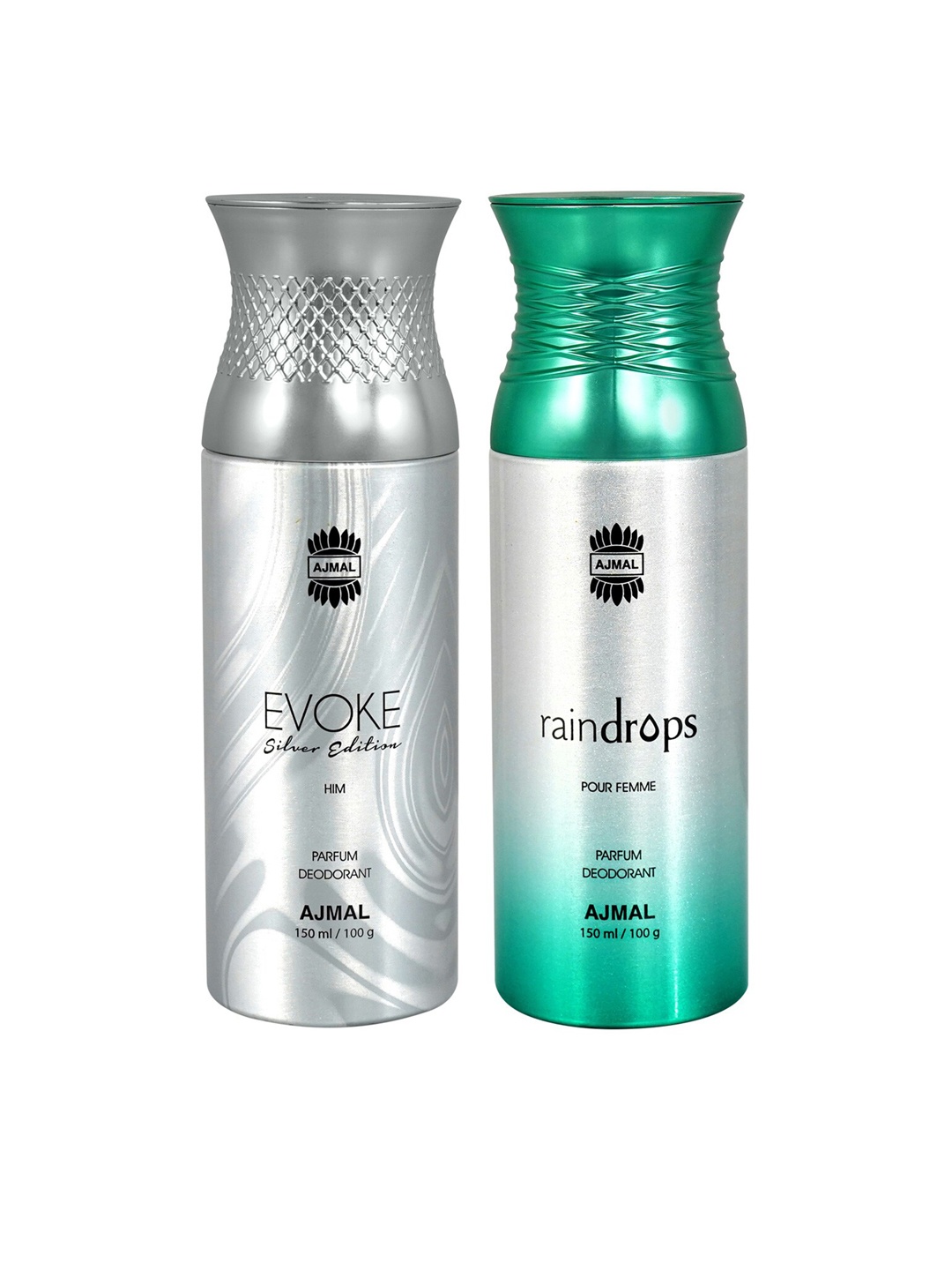 Ajmal Set of Women Raindrops & Men Evoke Silver Edition Deodorant Spray - 150 ml Each, Green
Ajmal Set of Women Raindrops & Men Evoke Silver Edition Deodorant Spray - 150 ml Each, Green