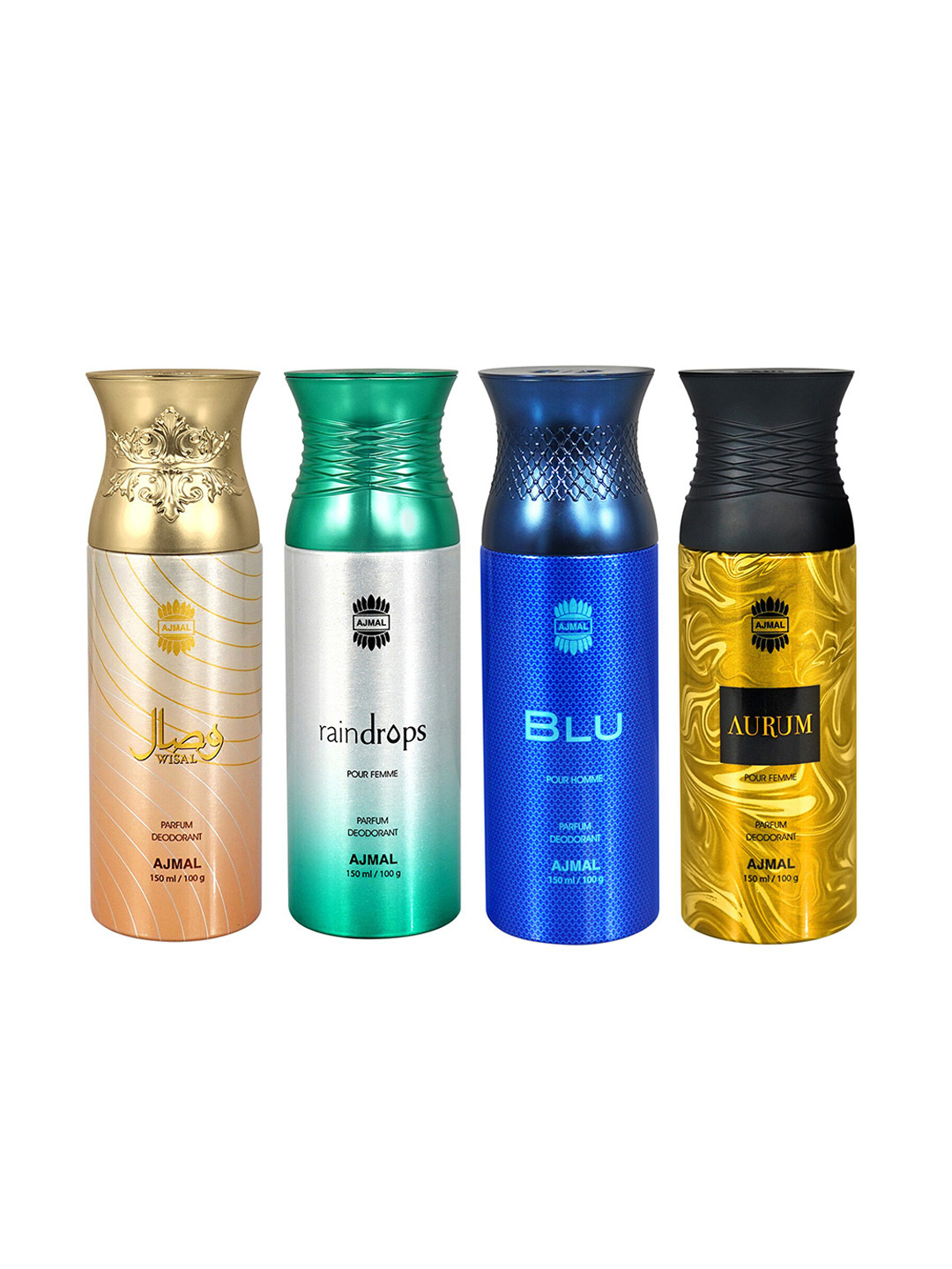Ajmal Set of 4 Deodorants - Wisal + Women Raindrops + Men Blu + Women Aurum - 150ml Each, Blue
Ajmal Set of 4 Deodorants - Wisal + Women Raindrops + Men Blu + Women Aurum - 150ml Each, Blue