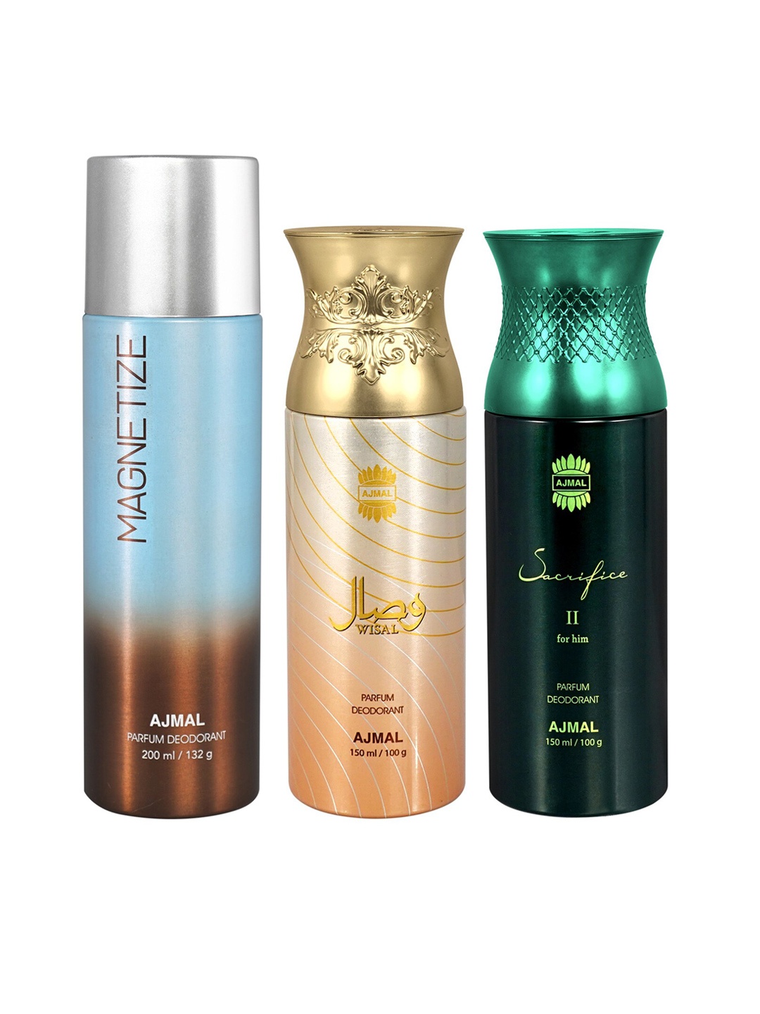 Ajmal Set of Magnetize 200 ml + Sacrifice II 150 ml + Wisal 150 ml Deodorant Spray, Black
Ajmal Set of Magnetize 200 ml + Sacrifice II 150 ml + Wisal 150 ml Deodorant Spray, Black