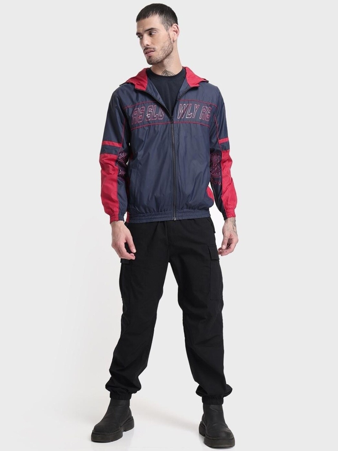 Bewakoof Men Blue Typography Windcheater Bomber Jacket